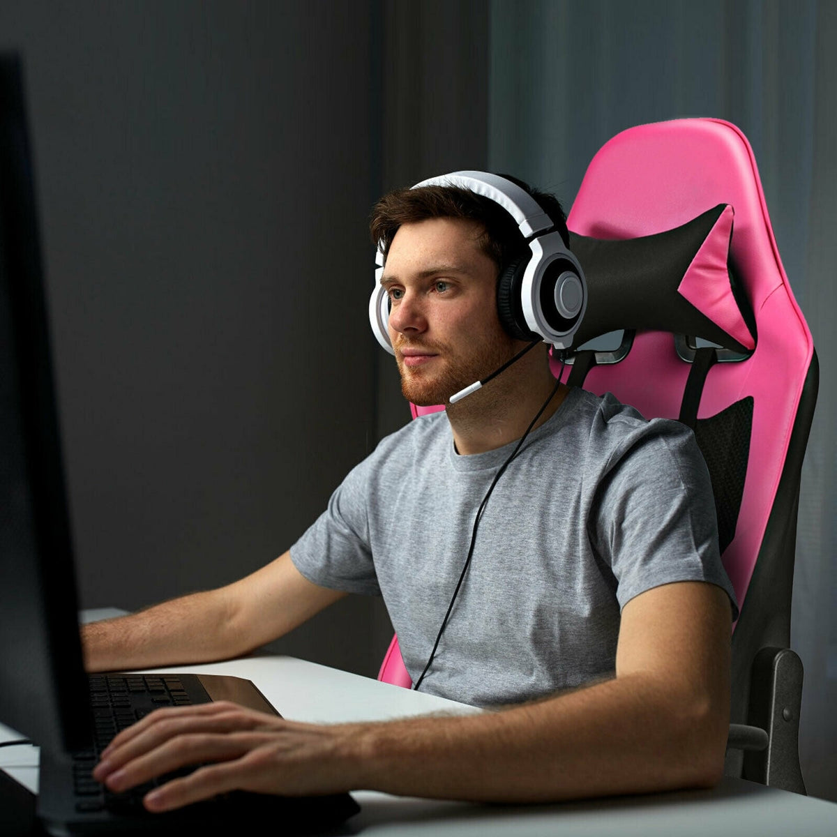 PU Leather Gaming Chair with USB Massage Lumbar Pillow and Footrest-Pink-Gaming Chairs-DECOROLALA