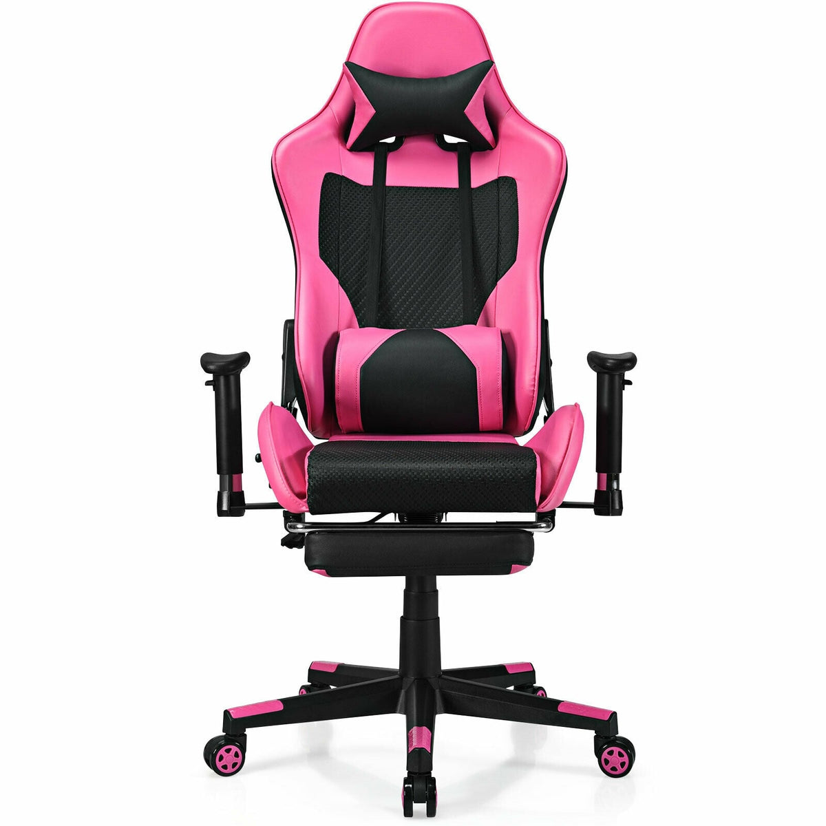 PU Leather Gaming Chair with USB Massage Lumbar Pillow and Footrest-Pink-Gaming Chairs-DECOROLALA