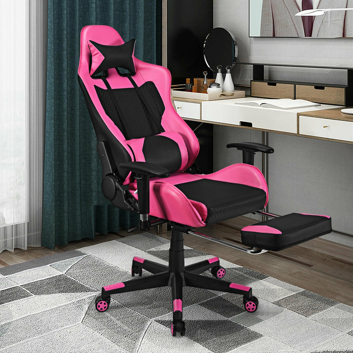 PU Leather Gaming Chair with USB Massage Lumbar Pillow and Footrest-Pink-Gaming Chairs-DECOROLALA