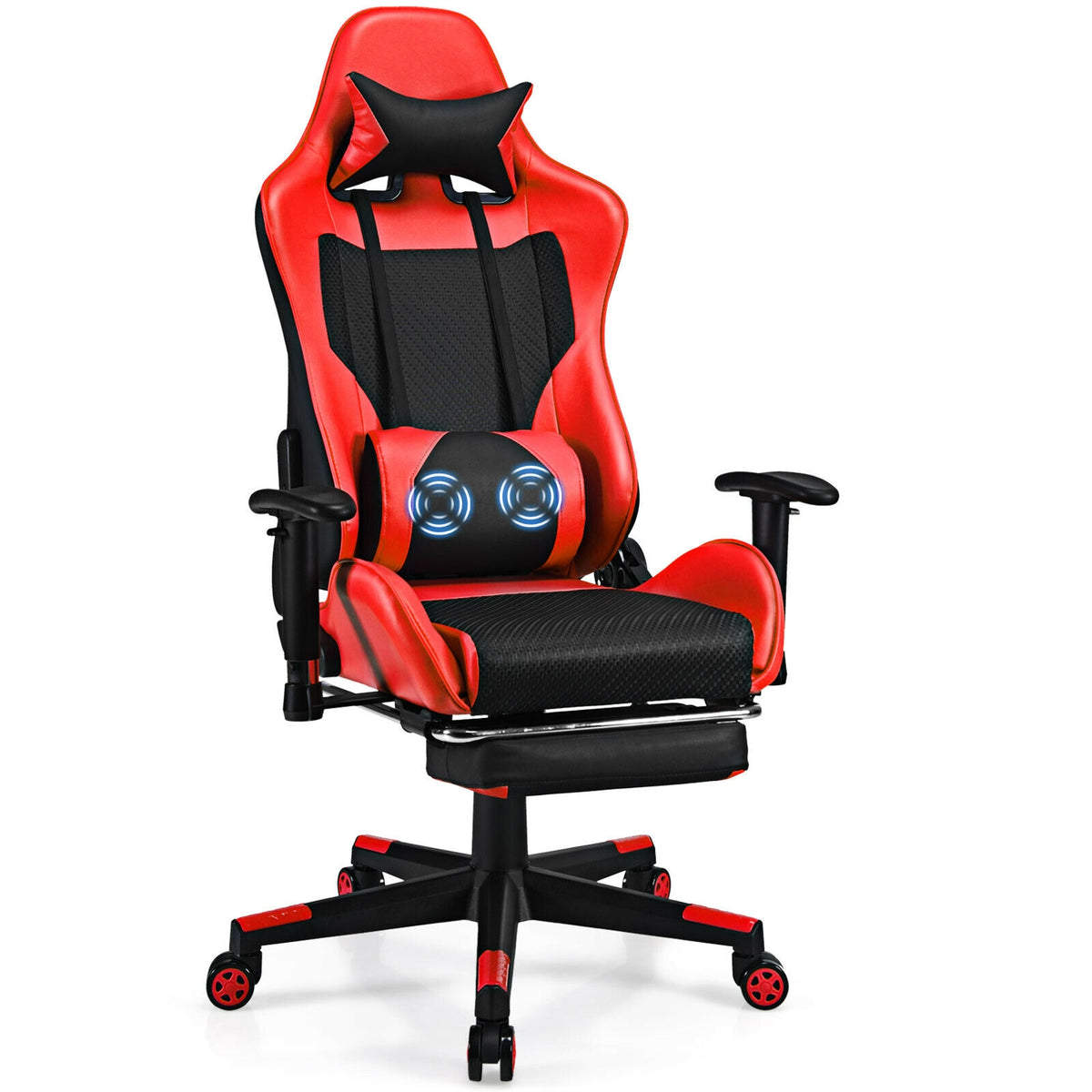 PU Leather Gaming Chair with USB Massage Lumbar Pillow and Footrest-Red-Gaming Chairs-DECOROLALA