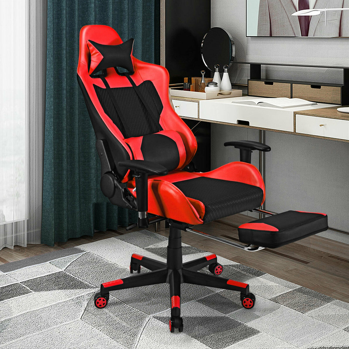 PU Leather Gaming Chair with USB Massage Lumbar Pillow and Footrest-Red-Gaming Chairs-DECOROLALA
