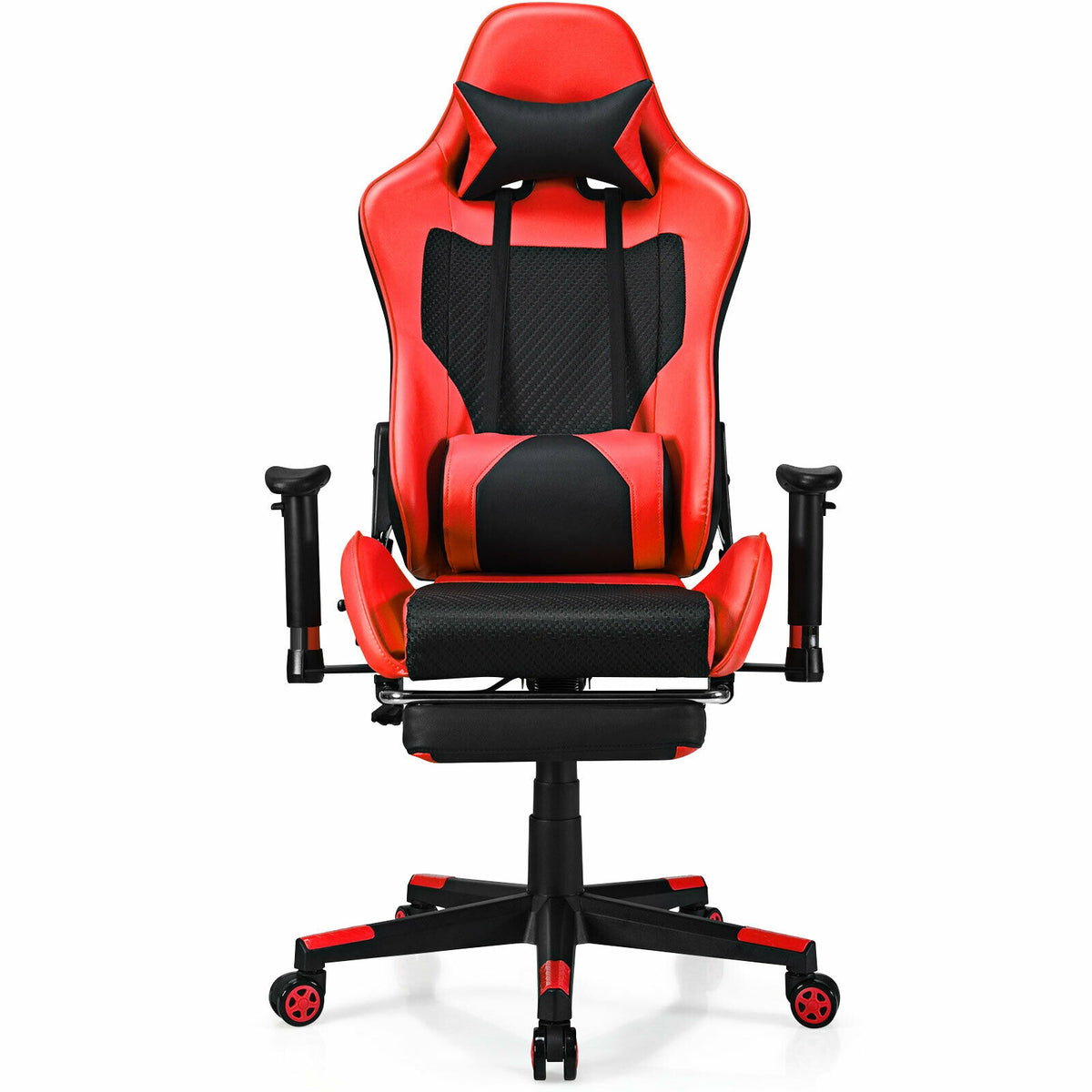 PU Leather Gaming Chair with USB Massage Lumbar Pillow and Footrest-Red-Gaming Chairs-DECOROLALA