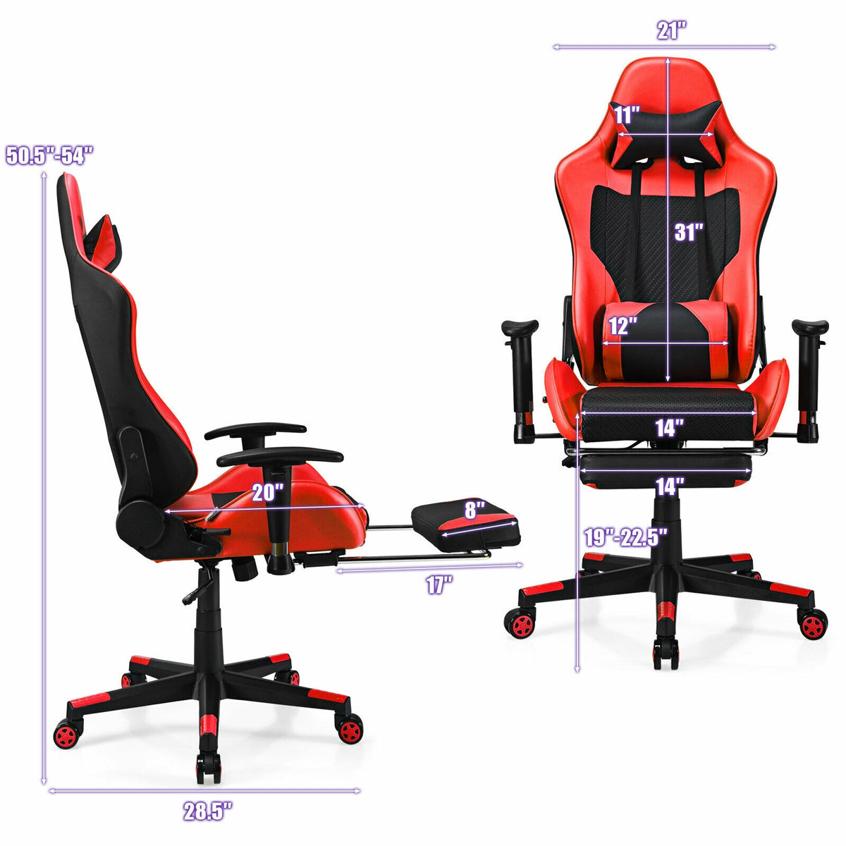 PU Leather Gaming Chair with USB Massage Lumbar Pillow and Footrest-Red-Gaming Chairs-DECOROLALA