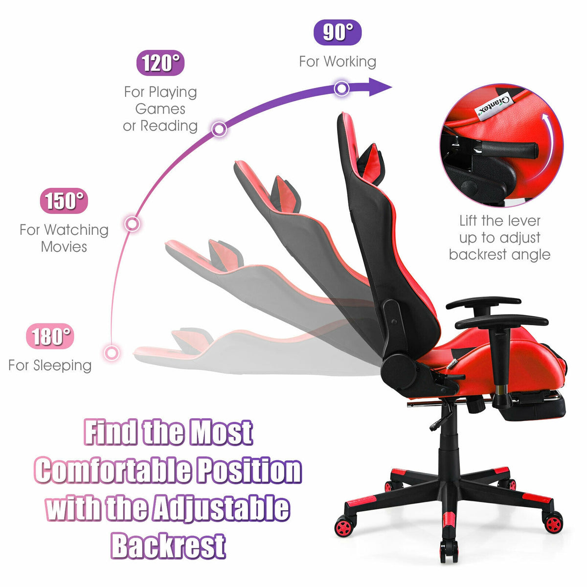 PU Leather Gaming Chair with USB Massage Lumbar Pillow and Footrest-Red-Gaming Chairs-DECOROLALA