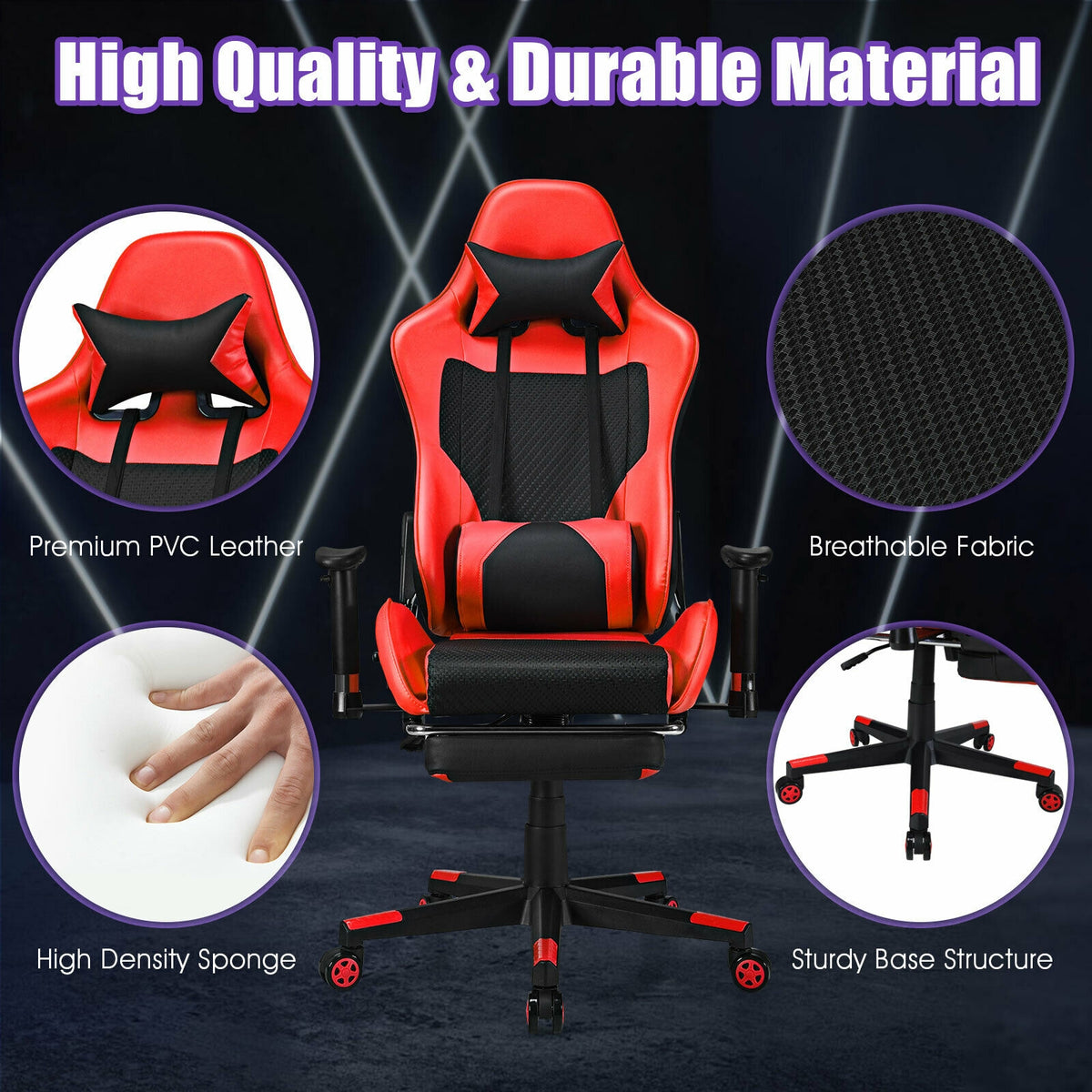 PU Leather Gaming Chair with USB Massage Lumbar Pillow and Footrest-Red-Gaming Chairs-DECOROLALA