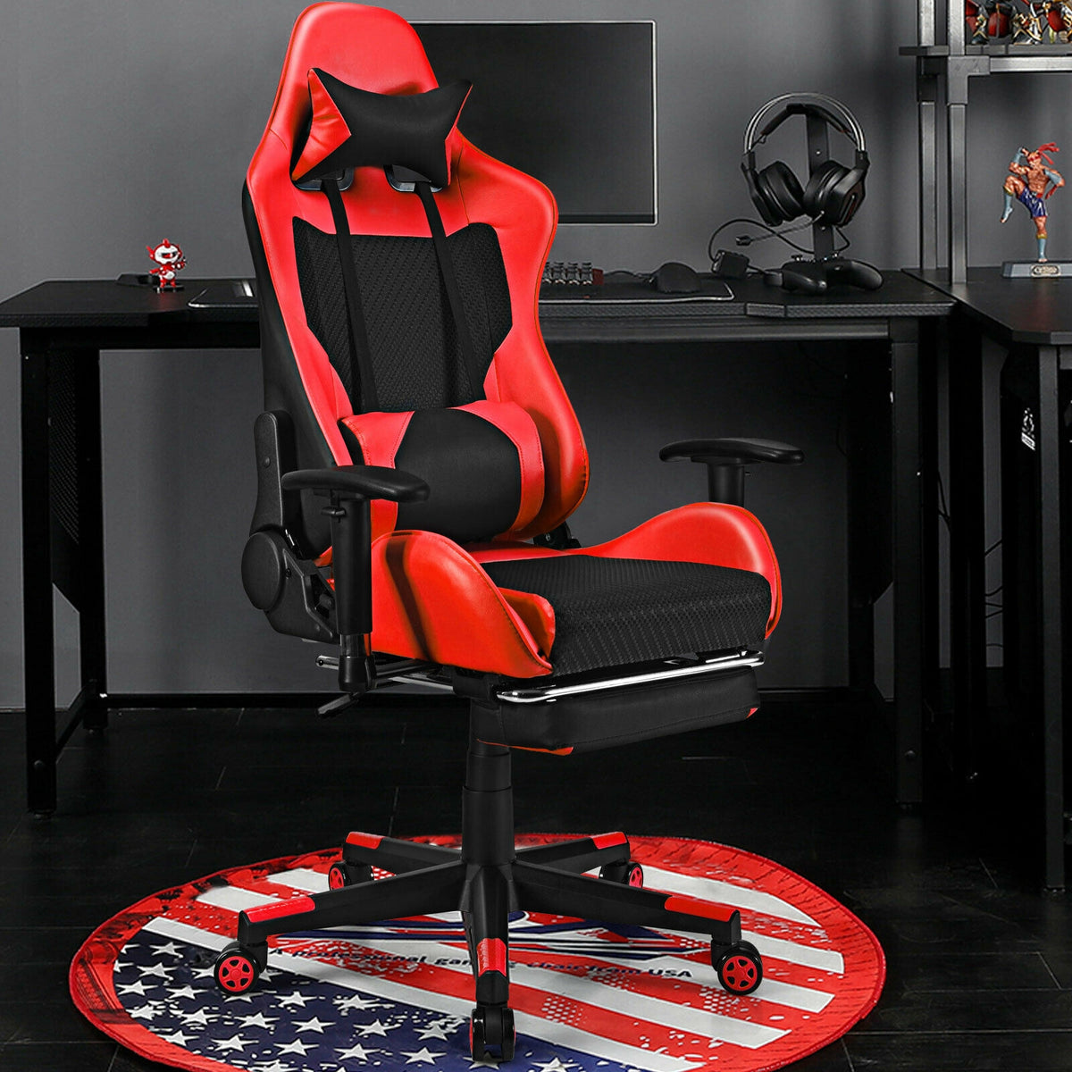 PU Leather Gaming Chair with USB Massage Lumbar Pillow and Footrest-Red-Gaming Chairs-DECOROLALA