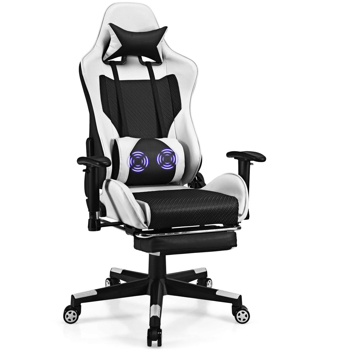 PU Leather Gaming Chair with USB Massage Lumbar Pillow and Footrest-White-Gaming Chairs-DECOROLALA