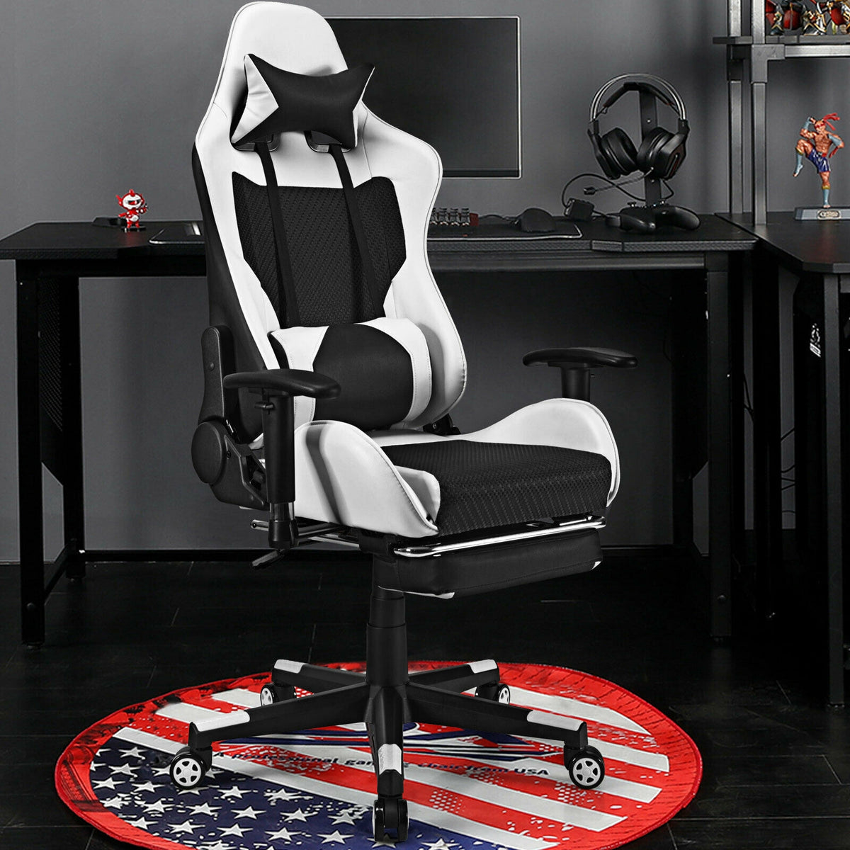 PU Leather Gaming Chair with USB Massage Lumbar Pillow and Footrest-White-Gaming Chairs-DECOROLALA