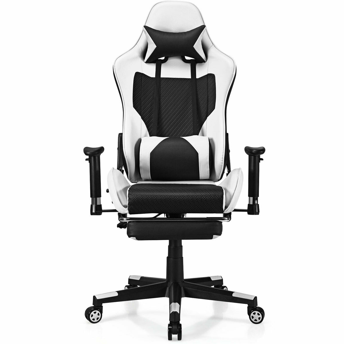 PU Leather Gaming Chair with USB Massage Lumbar Pillow and Footrest-White-Gaming Chairs-DECOROLALA