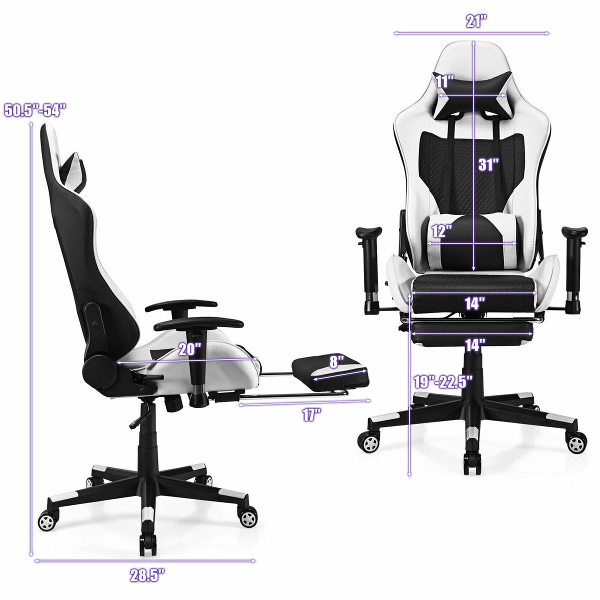 PU Leather Gaming Chair with USB Massage Lumbar Pillow and Footrest-White-Gaming Chairs-DECOROLALA