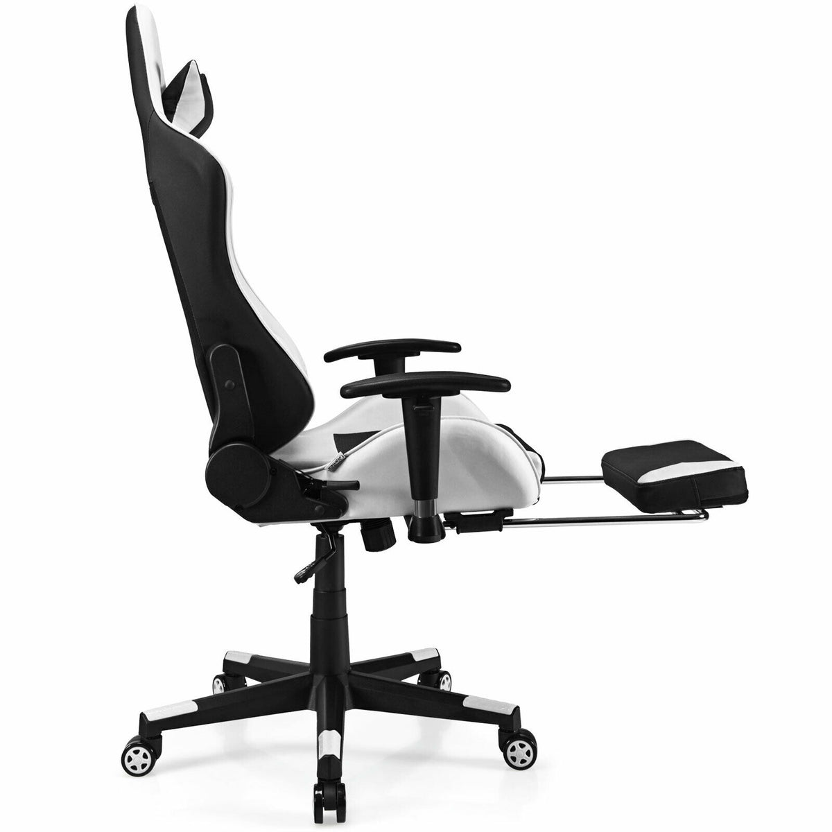 PU Leather Gaming Chair with USB Massage Lumbar Pillow and Footrest-White-Gaming Chairs-DECOROLALA