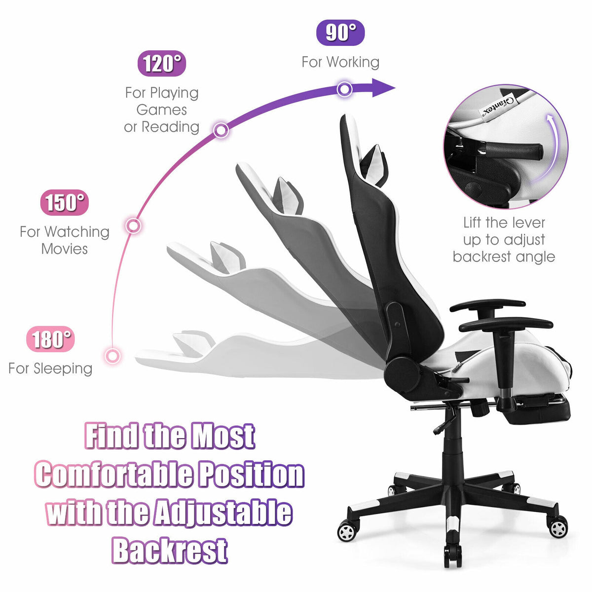 PU Leather Gaming Chair with USB Massage Lumbar Pillow and Footrest-White-Gaming Chairs-DECOROLALA