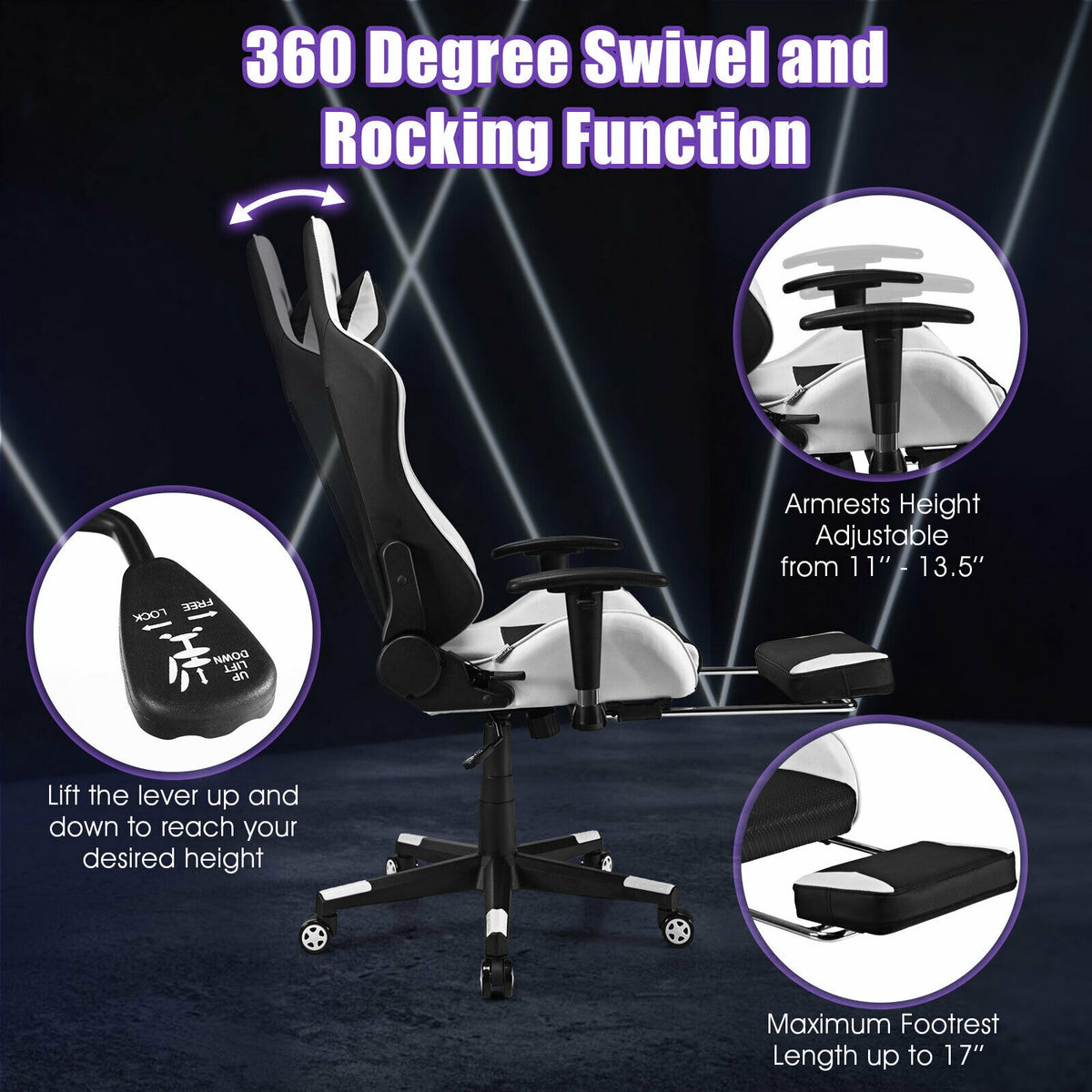 PU Leather Gaming Chair with USB Massage Lumbar Pillow and Footrest-White-Gaming Chairs-DECOROLALA
