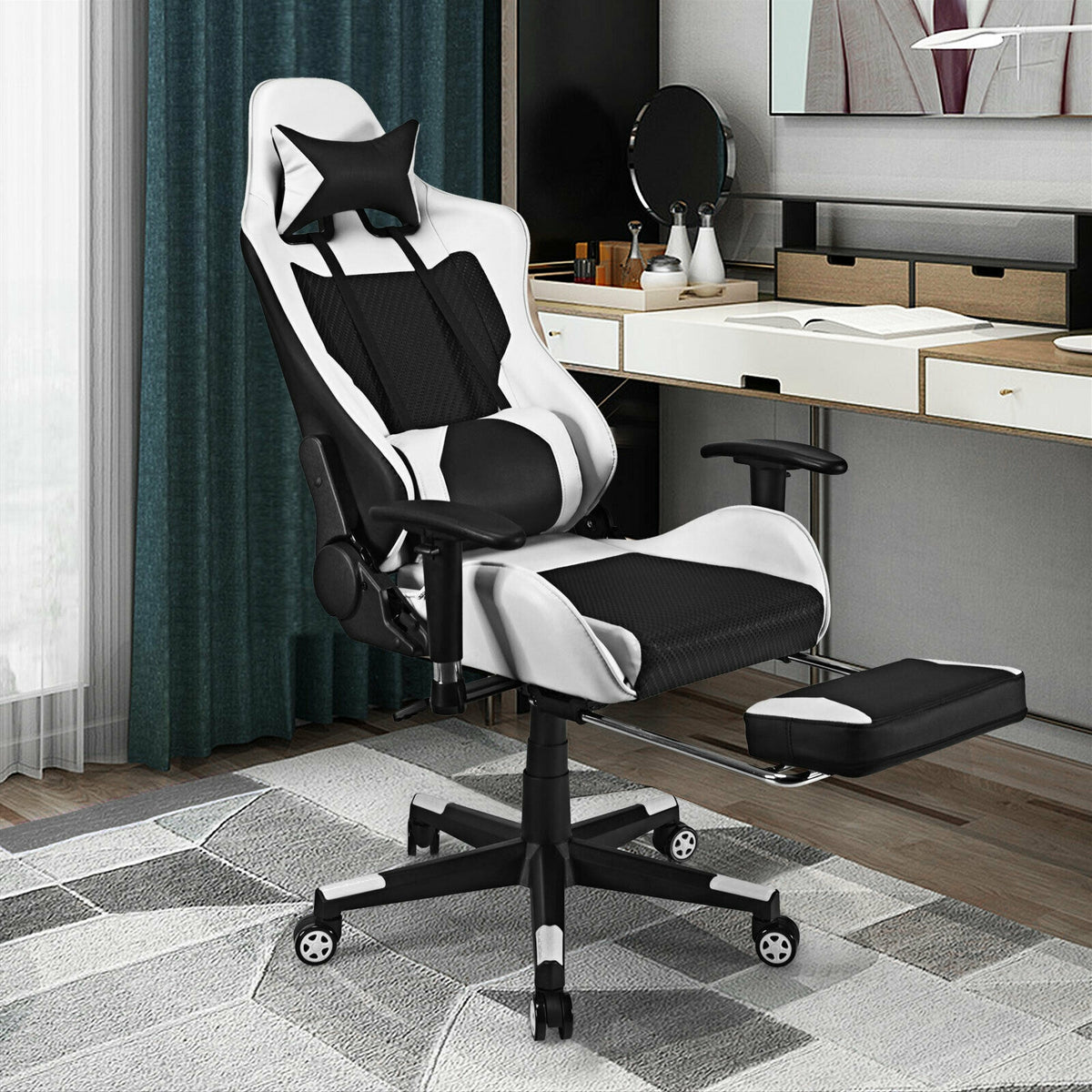 PU Leather Gaming Chair with USB Massage Lumbar Pillow and Footrest-White-Gaming Chairs-DECOROLALA