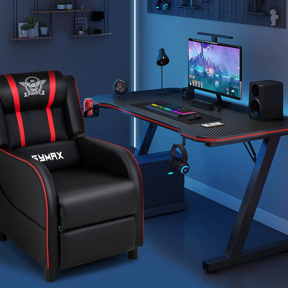 PU Leather Massage Gaming Recliner Chair with Side Pockets-Red-Gaming Chairs-DECOROLALA