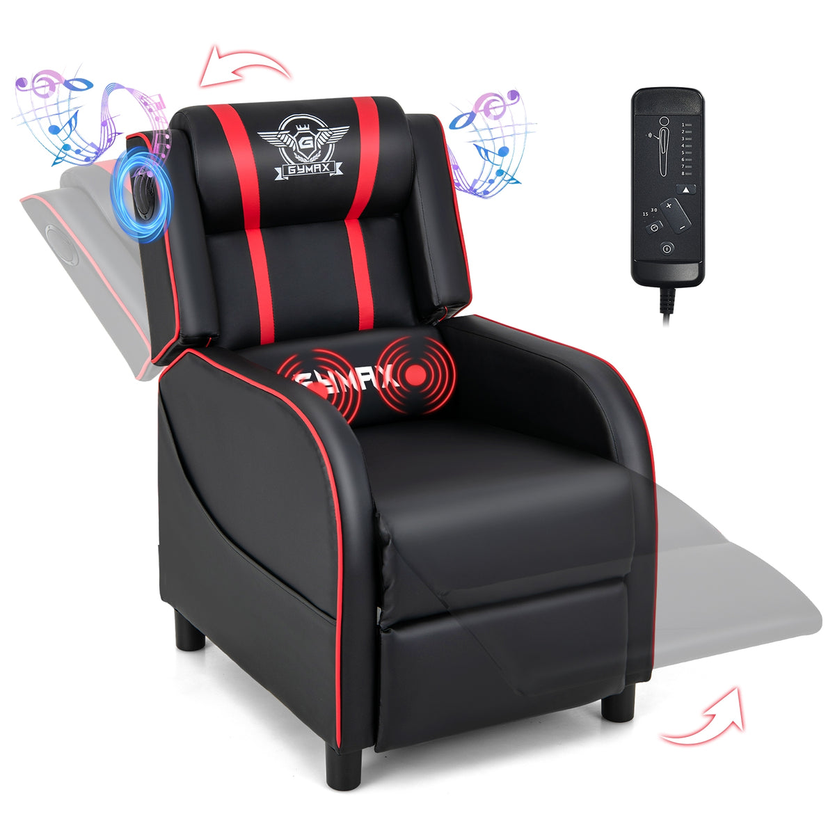 PU Leather Massage Gaming Recliner Chair with Side Pockets-Red-Gaming Chairs-DECOROLALA