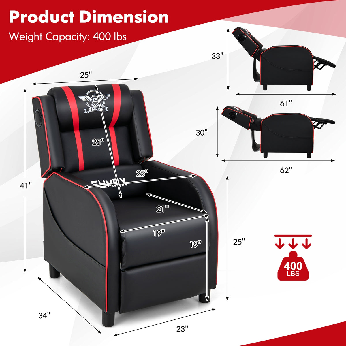 PU Leather Massage Gaming Recliner Chair with Side Pockets-Red-Gaming Chairs-DECOROLALA