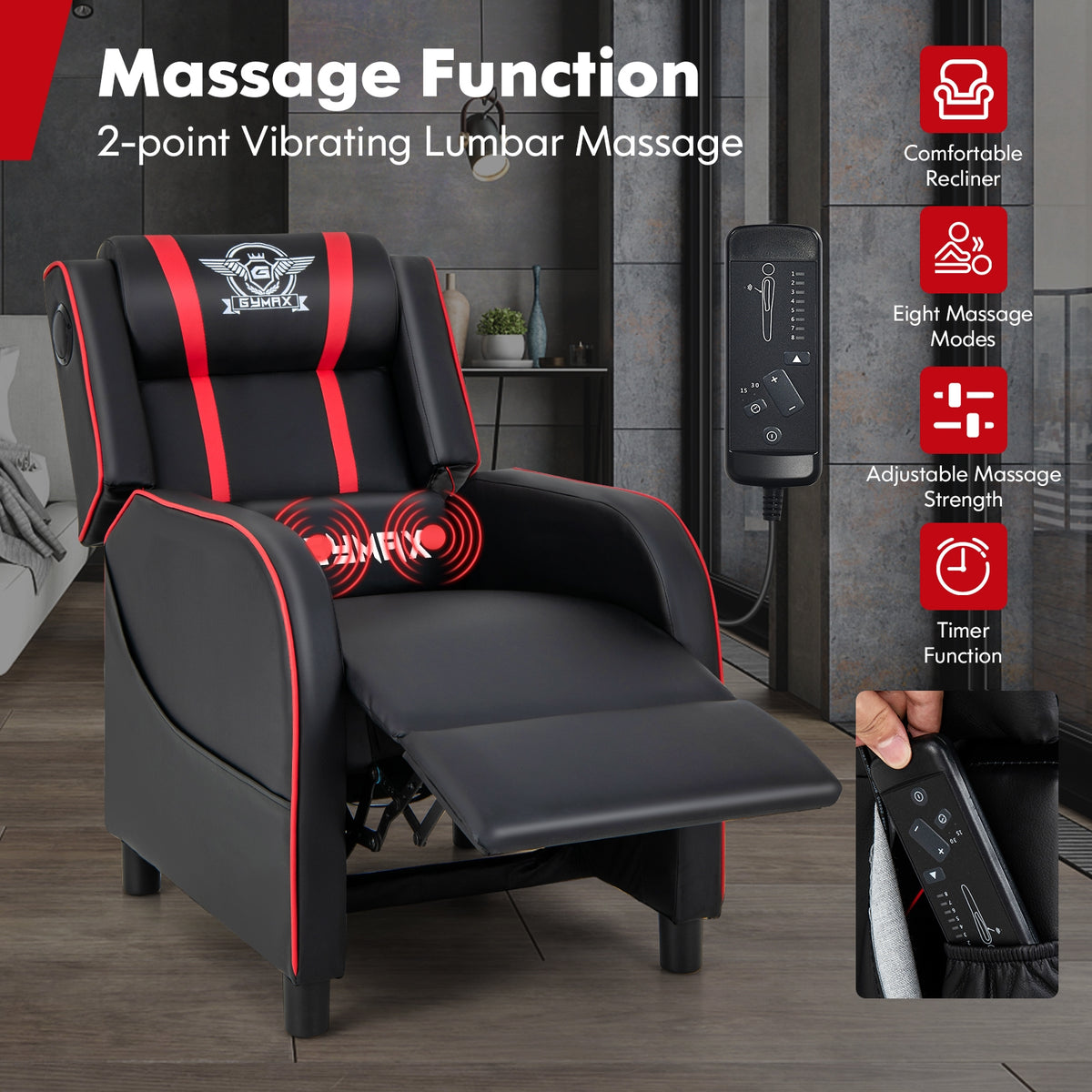 PU Leather Massage Gaming Recliner Chair with Side Pockets-Red-Gaming Chairs-DECOROLALA