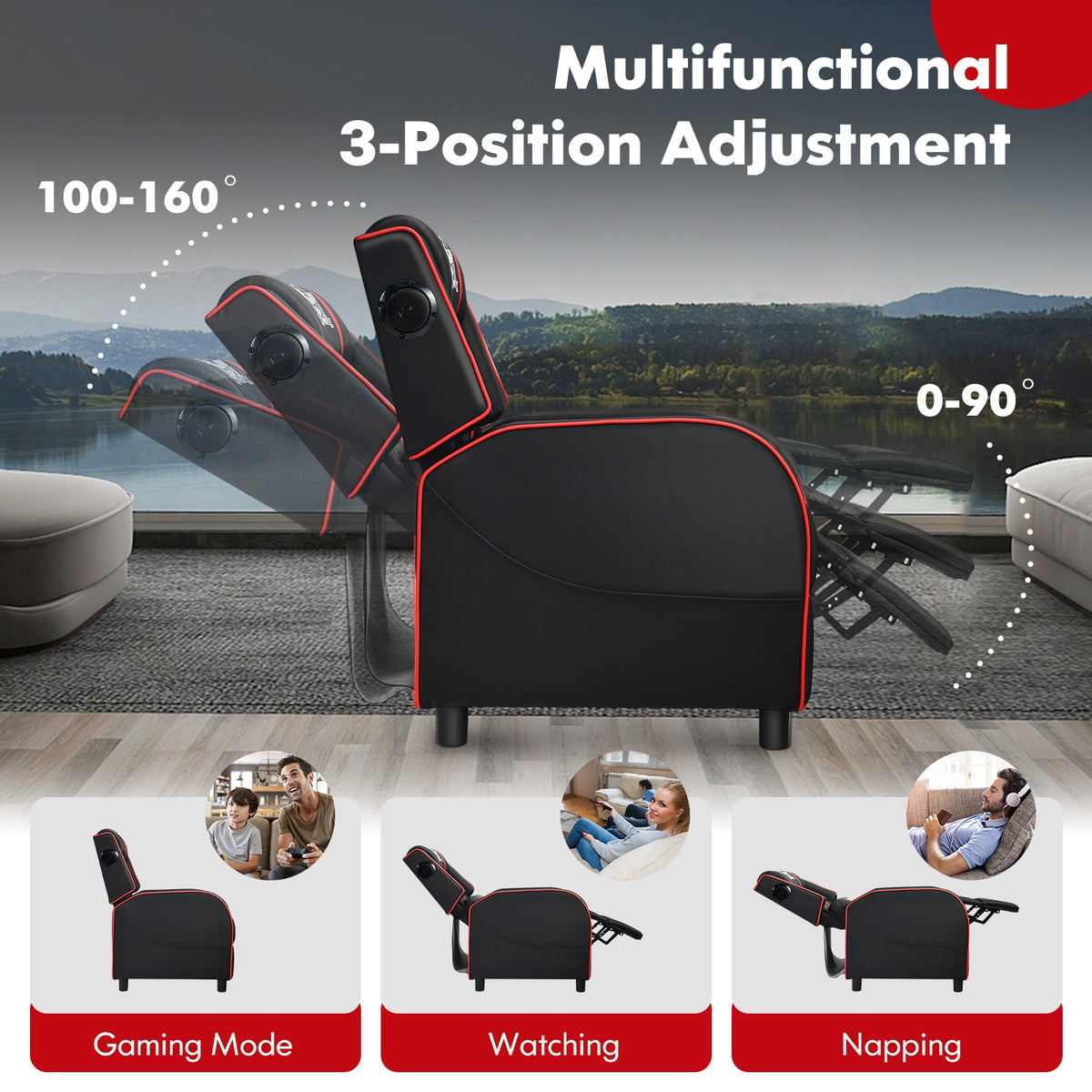 PU Leather Massage Gaming Recliner Chair with Side Pockets-Red-Gaming Chairs-DECOROLALA