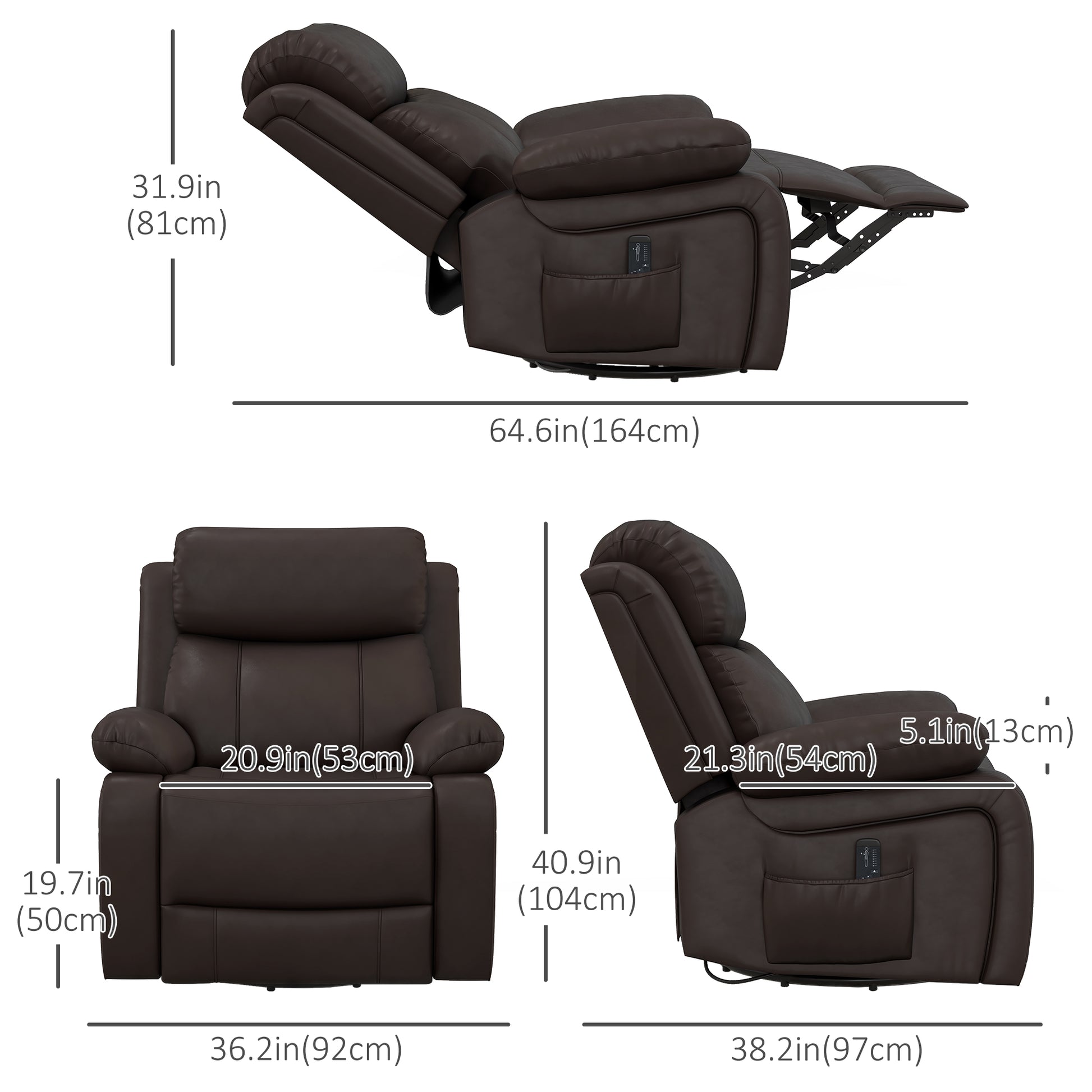 PU Leather Recliner with Massage, 360¡ Swivel, Rocking, Brown-DECOROLALA
