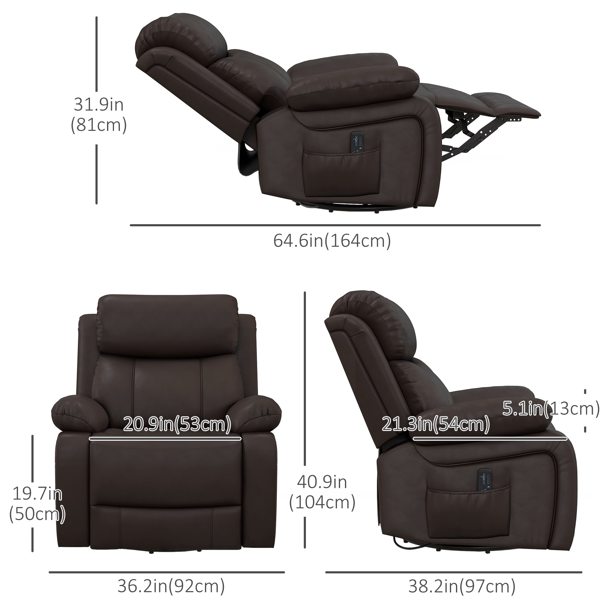 PU Leather Recliner with Massage, 360¡ Swivel, Rocking, Brown-DECOROLALA