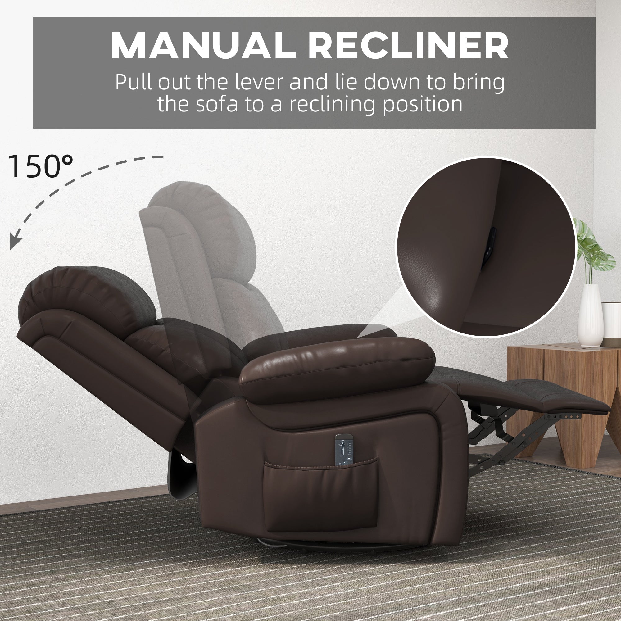 PU Leather Recliner with Massage, 360¡ Swivel, Rocking, Brown-DECOROLALA