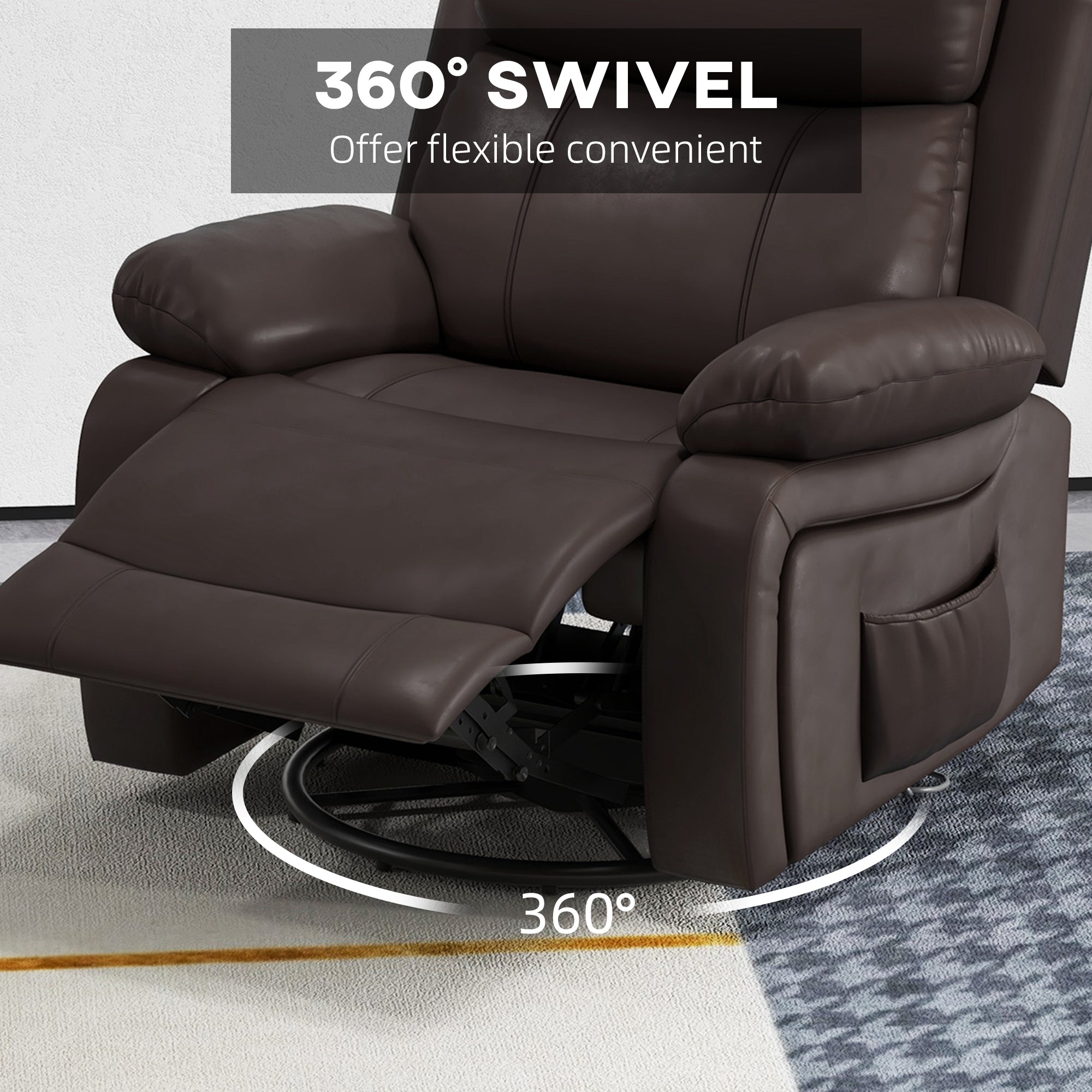 PU Leather Recliner with Massage, 360¡ Swivel, Rocking, Brown-DECOROLALA