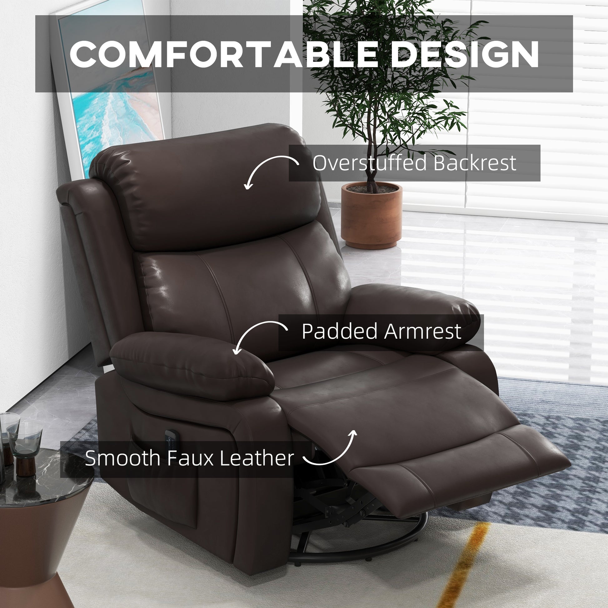 PU Leather Recliner with Massage, 360¡ Swivel, Rocking, Brown-DECOROLALA