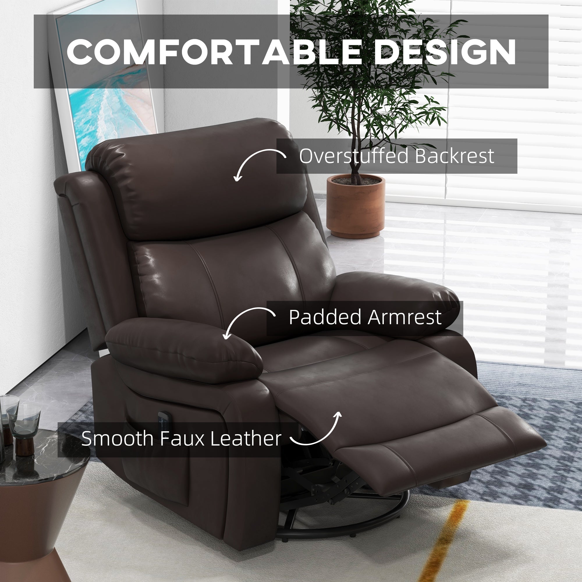 PU Leather Recliner with Massage, 360¡ Swivel, Rocking, Brown-DECOROLALA