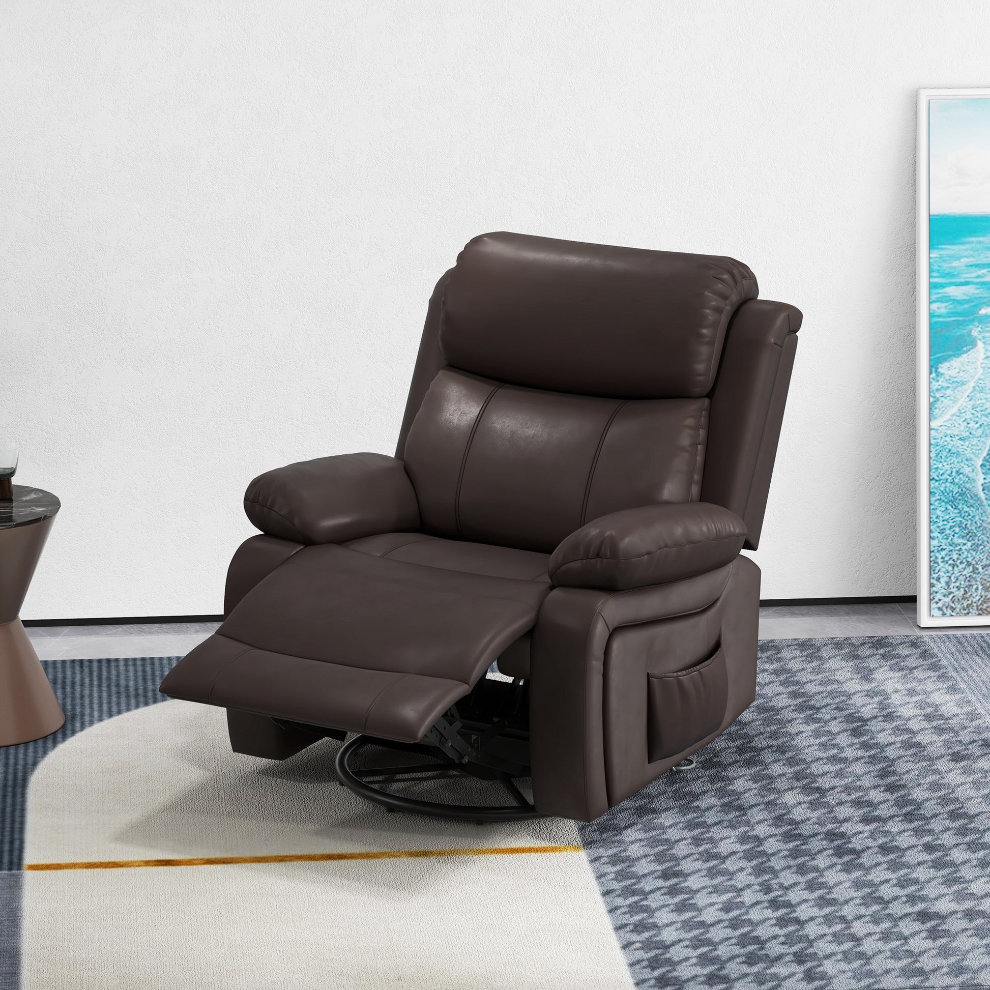 PU Leather Recliner with Massage, 360¡ Swivel, Rocking, Brown-DECOROLALA