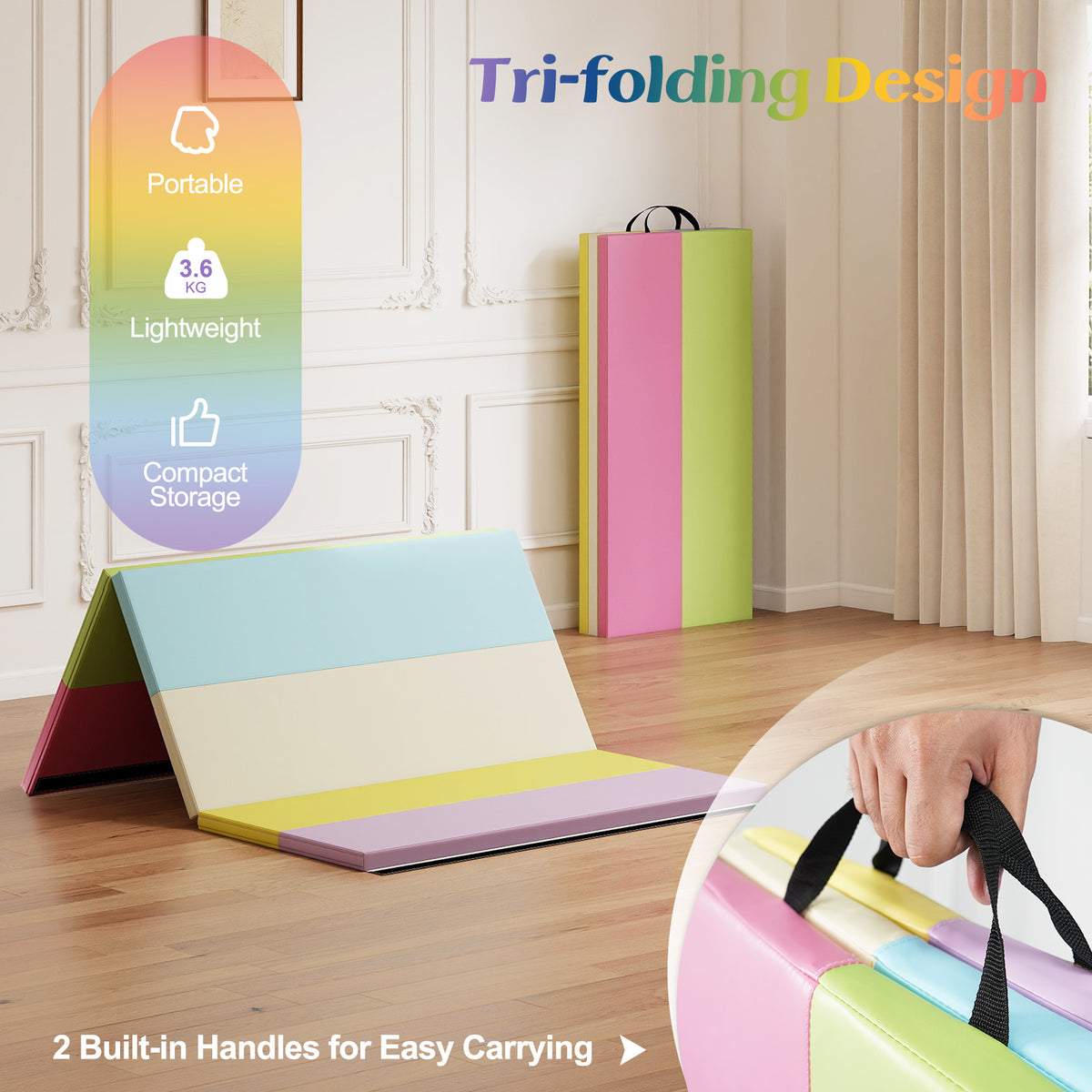 PU Leather Tri-Folding Gymnastics Tumbling Mat with Carrying Handles-Macaron-Yoga & Gym Mats-DECOROLALA