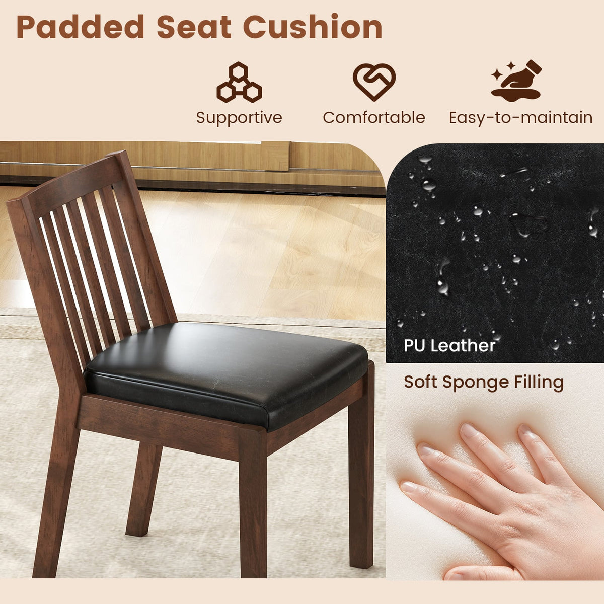 PU Leather Upholstered Dining Chair with Padded Seat Set of 2-Espresso-Dining Chairs-DECOROLALA