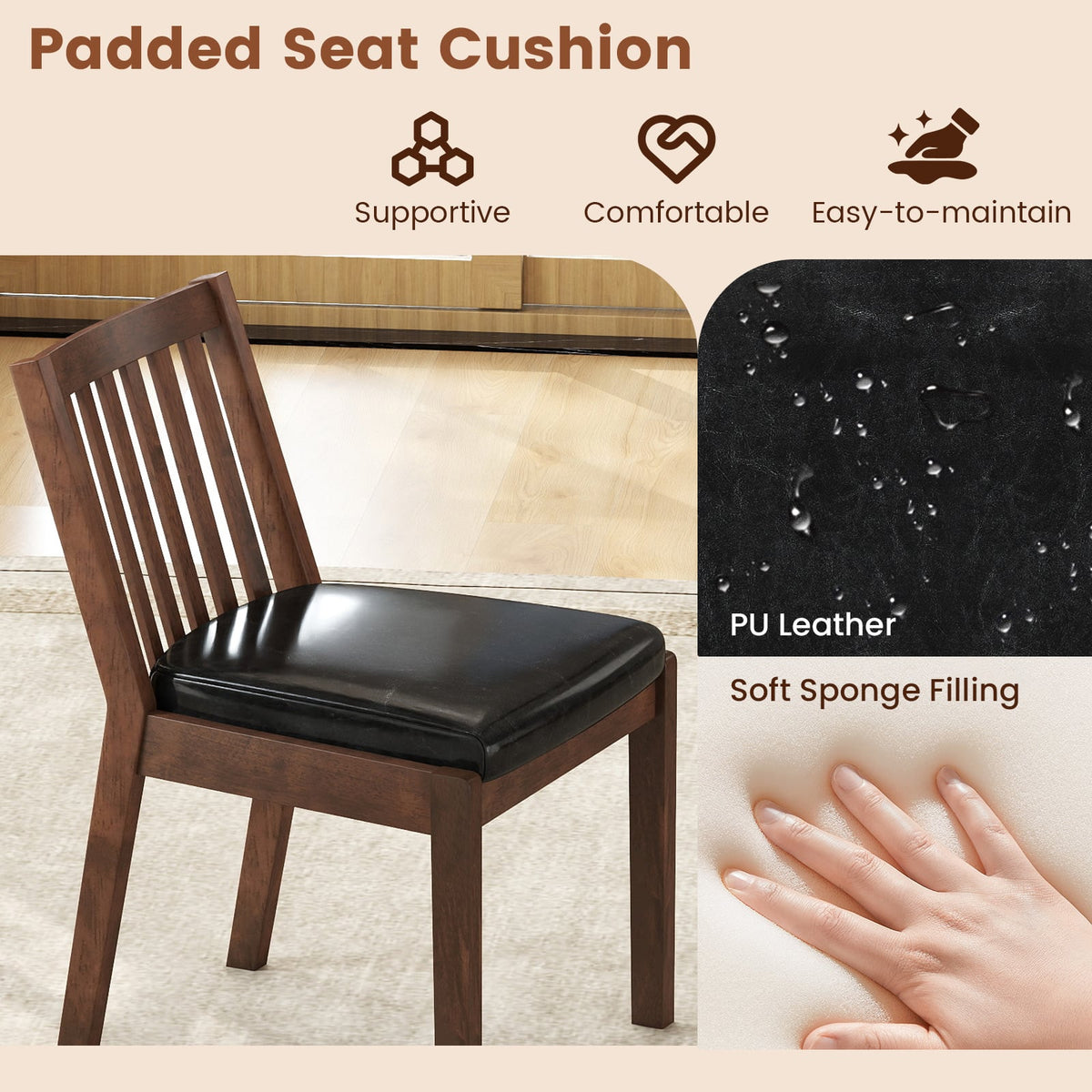PU Leather Upholstered Dining Chair with Padded Seat Set of 4-Espresso-Dining Chairs-DECOROLALA