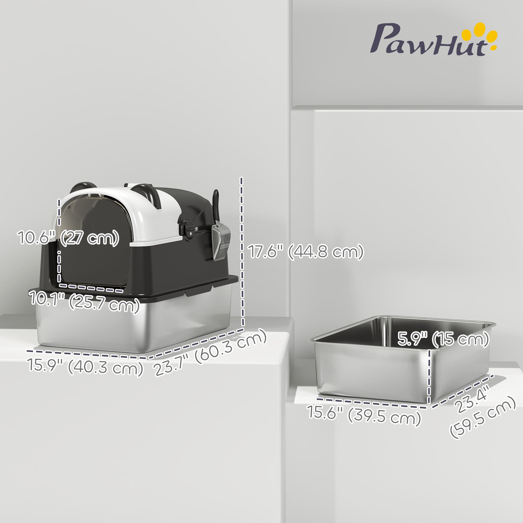 Panda Style XL Stainless Steel Cat Litter Box with Lid, Enclosed Kitty Litter Box with Scoop, 23.7" x 15.9" x 17.6"-Cats-DECOROLALA