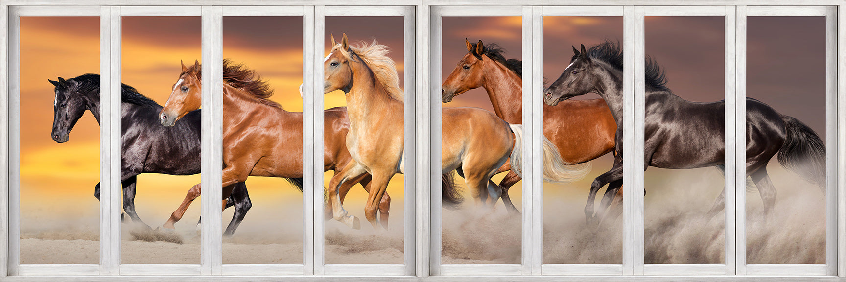 Panoramic Team of Horses with window effect- Animal Print Canvas-Wall Art-DECOROLALA
