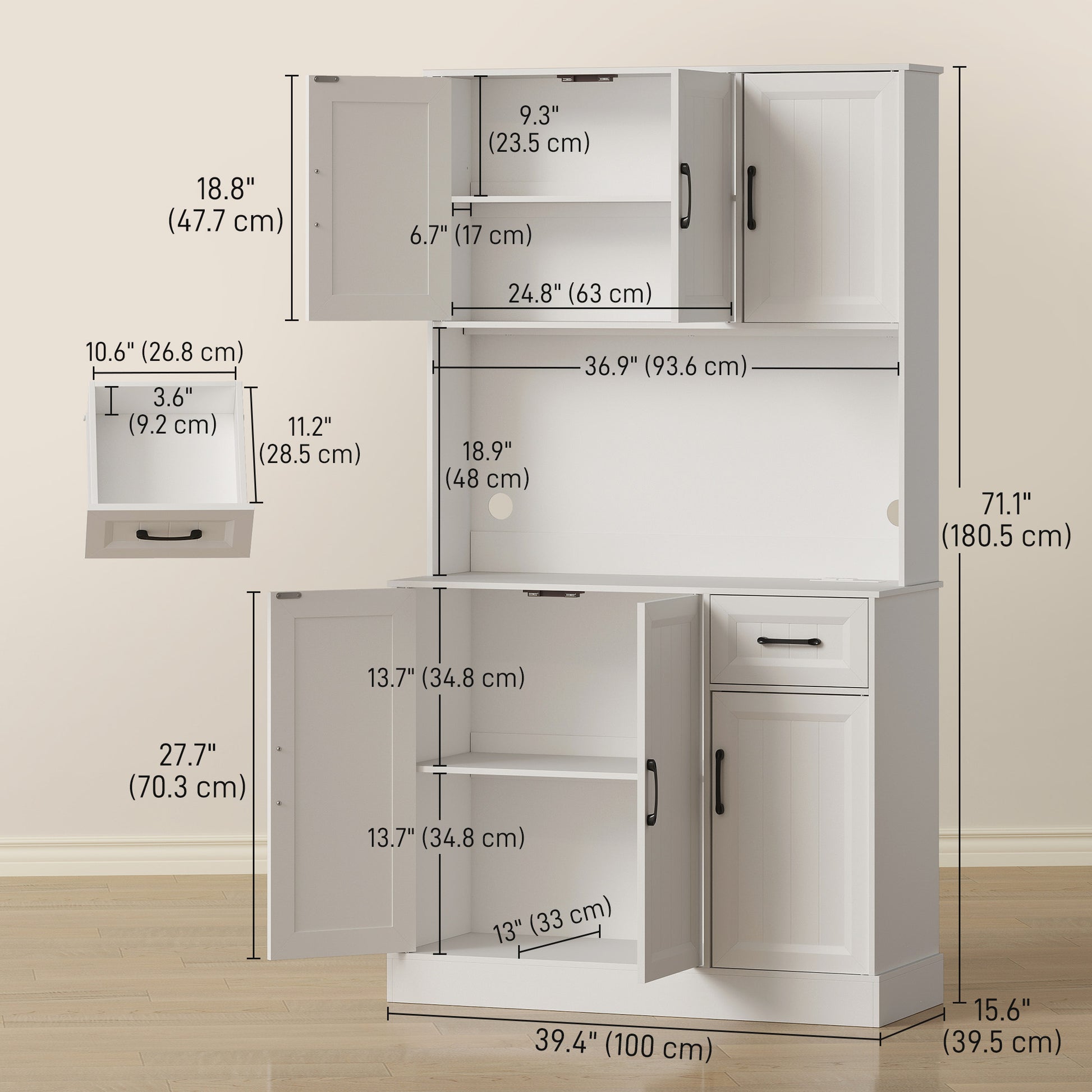 Pantry Cabinet 71" White Charging Station-DECOROLALA