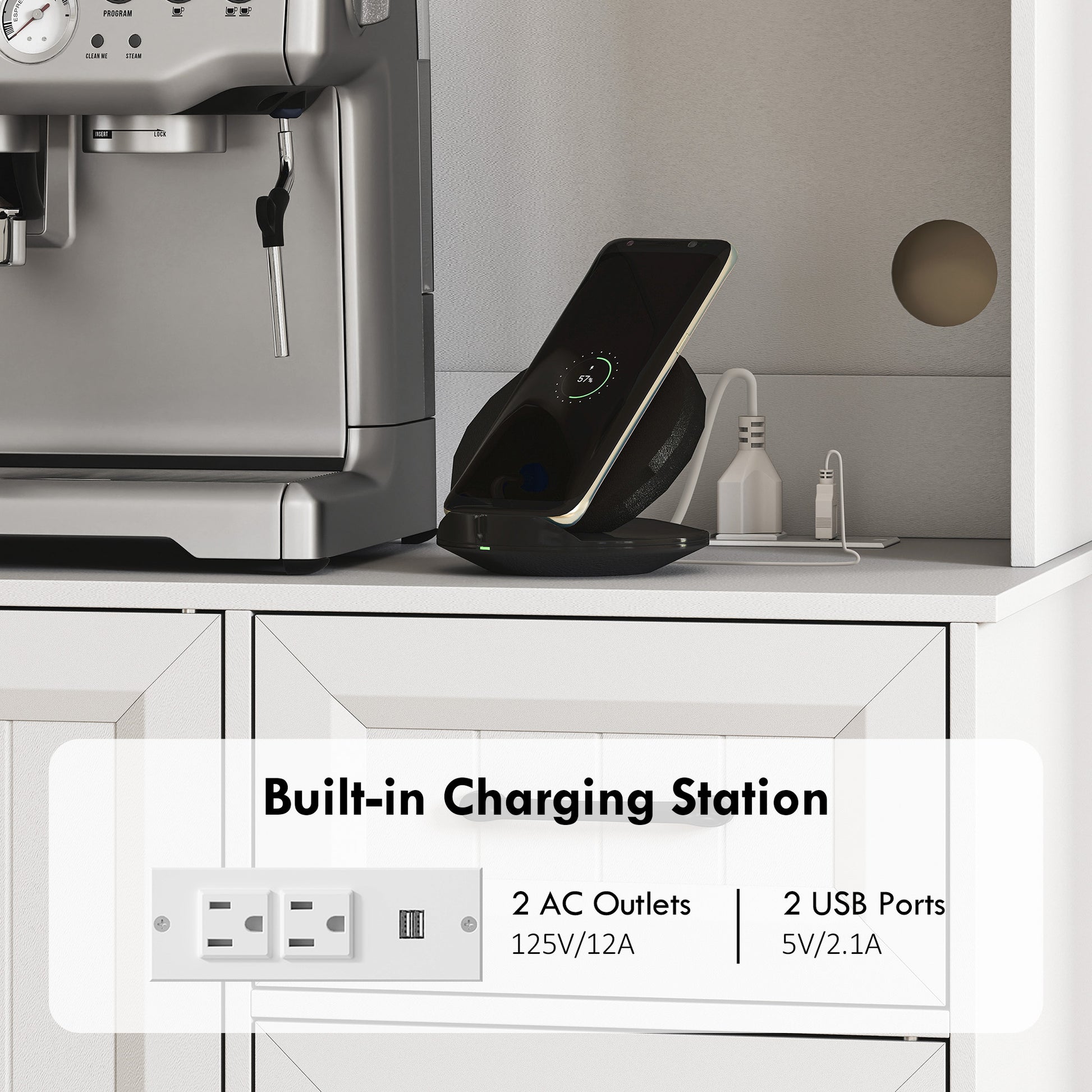 Pantry Cabinet 71" White Charging Station-DECOROLALA