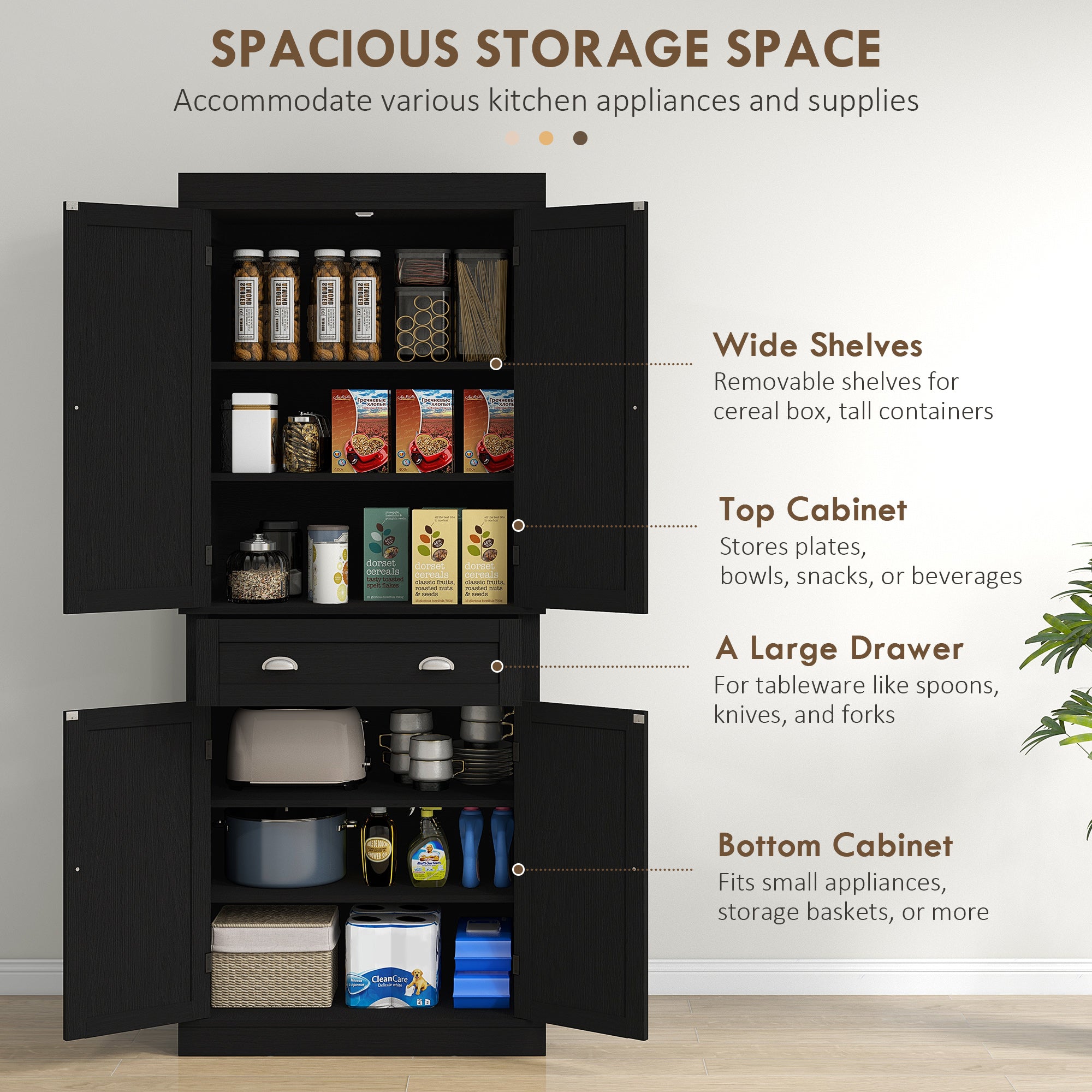 Pantry Cabinet 72" - 4 Door Kitchen Storage Black-DECOROLALA