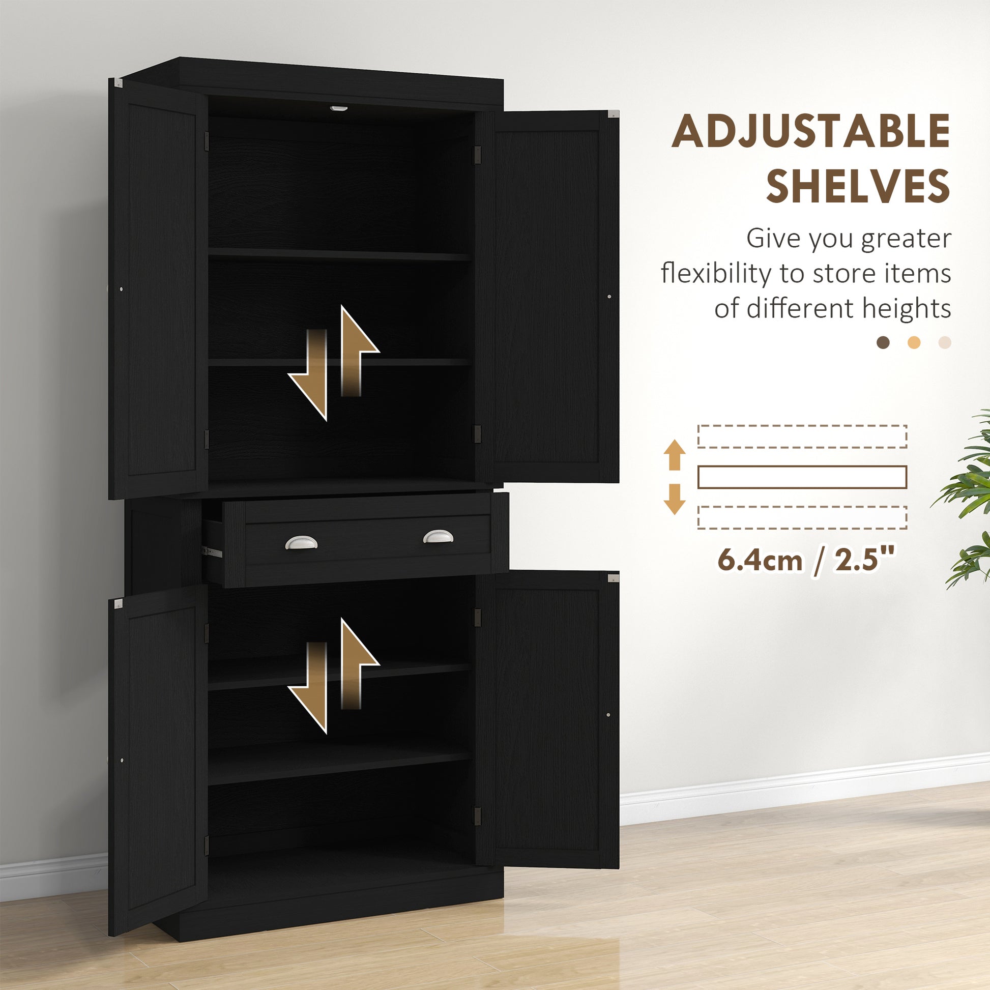 Pantry Cabinet 72" - 4 Door Kitchen Storage Black-DECOROLALA