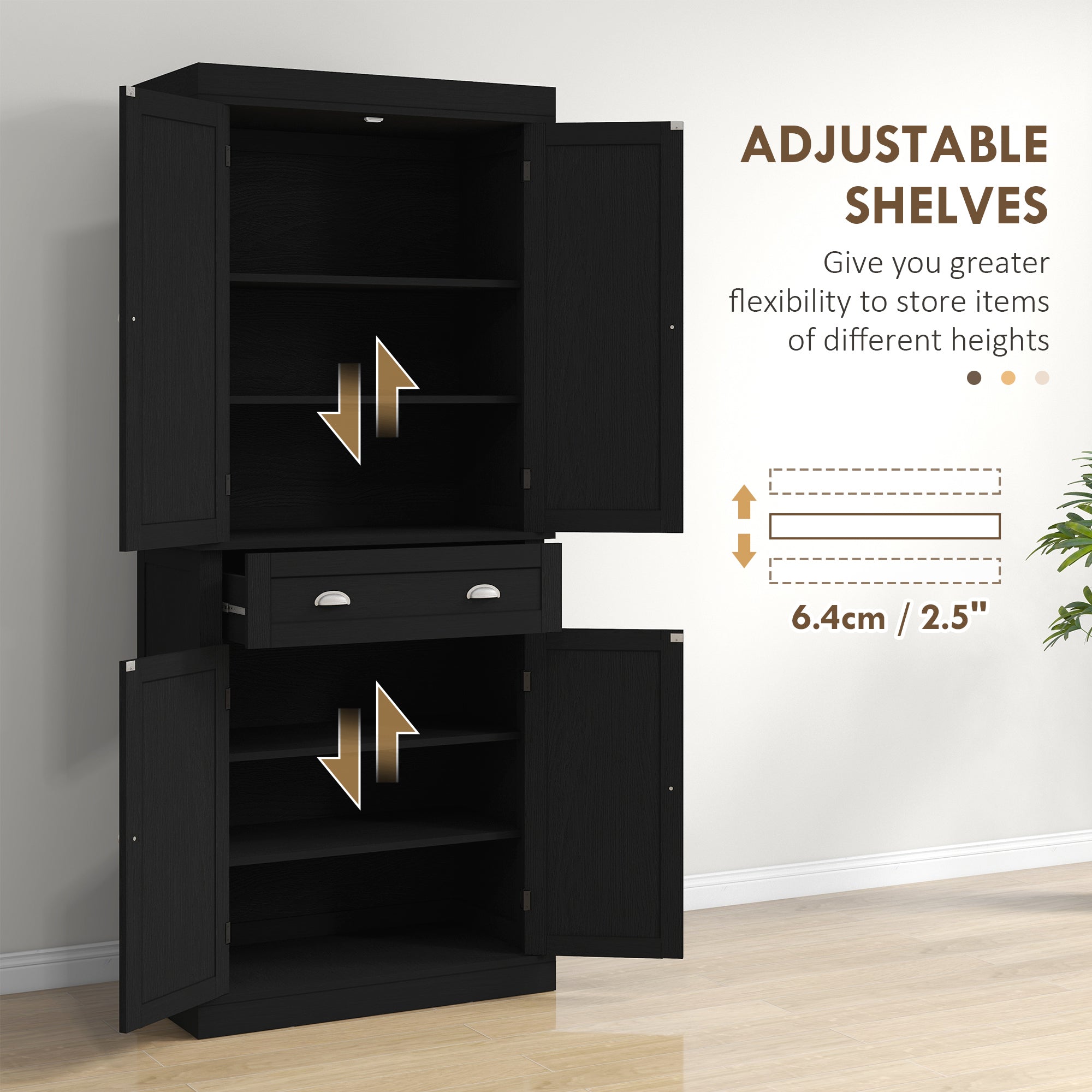 Pantry Cabinet 72" - 4 Door Kitchen Storage Black-DECOROLALA