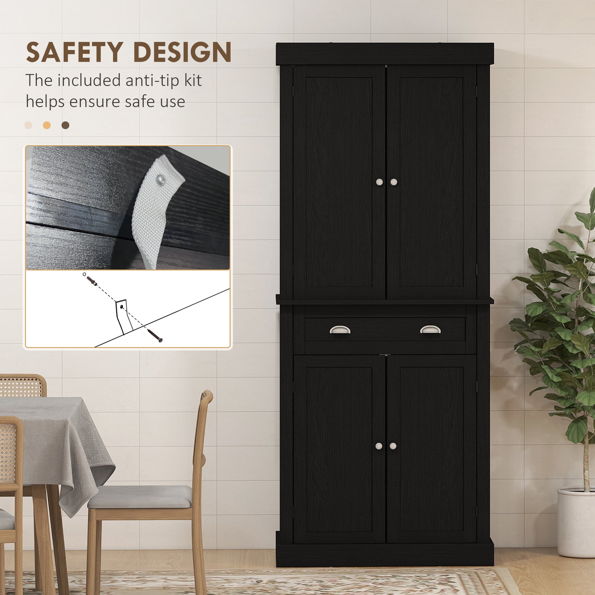 Pantry Cabinet 72" - 4 Door Kitchen Storage Black-DECOROLALA