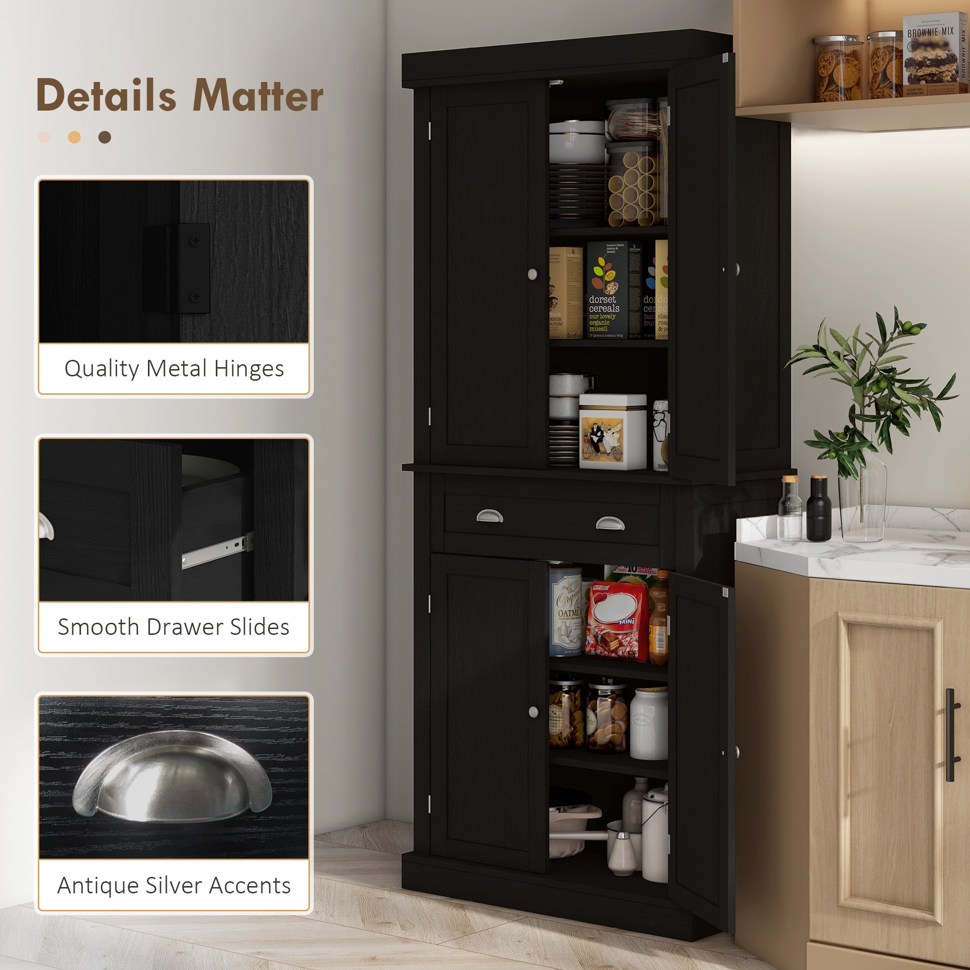 Pantry Cabinet 72" - 4 Door Kitchen Storage Black-DECOROLALA