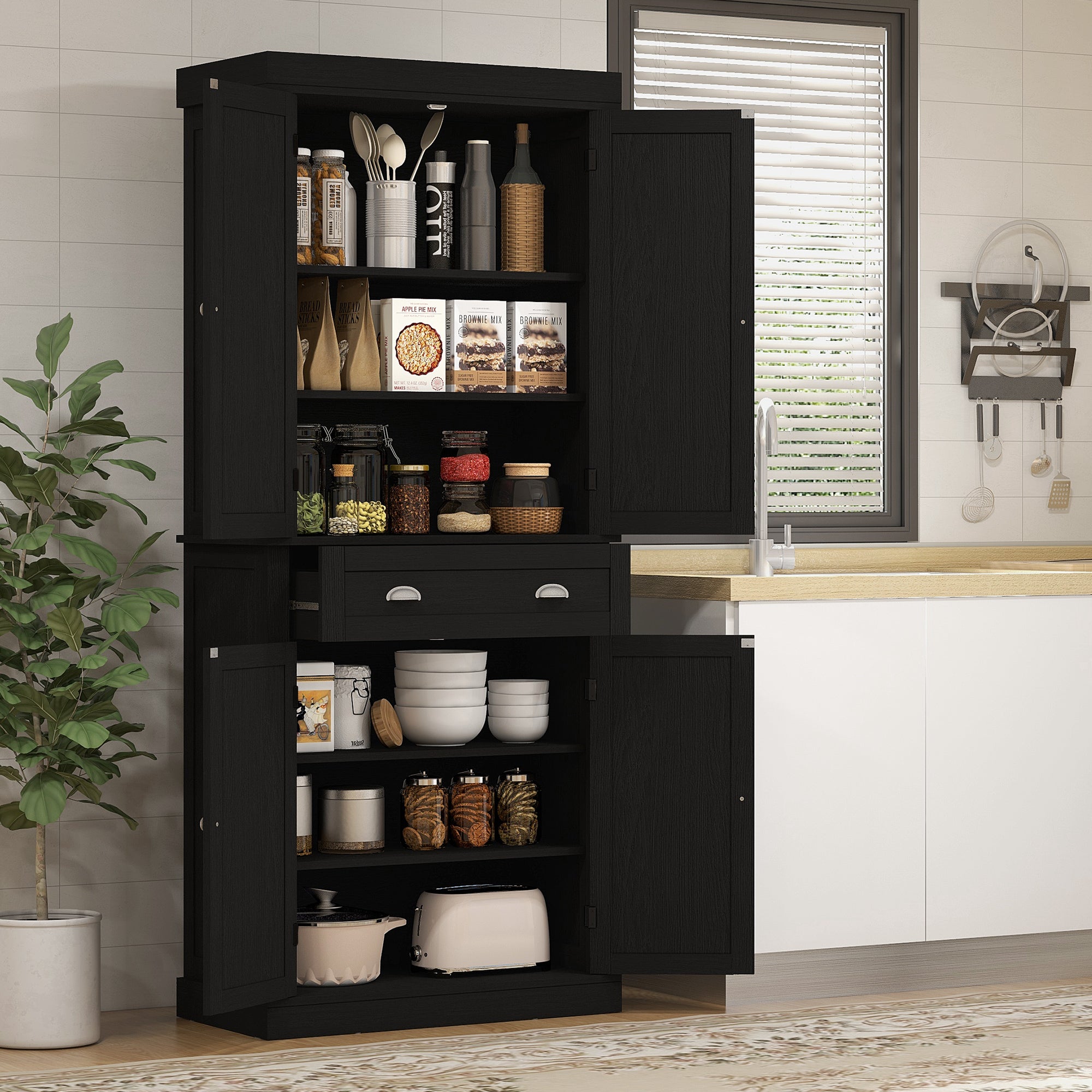 Pantry Cabinet 72" - 4 Door Kitchen Storage Black-DECOROLALA