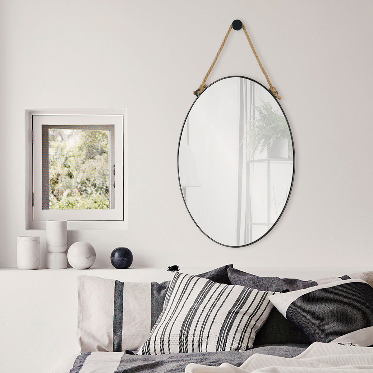 Parbuckle 42" Tall Oval Wall Mirror, Black-Mirrors-DECOROLALA