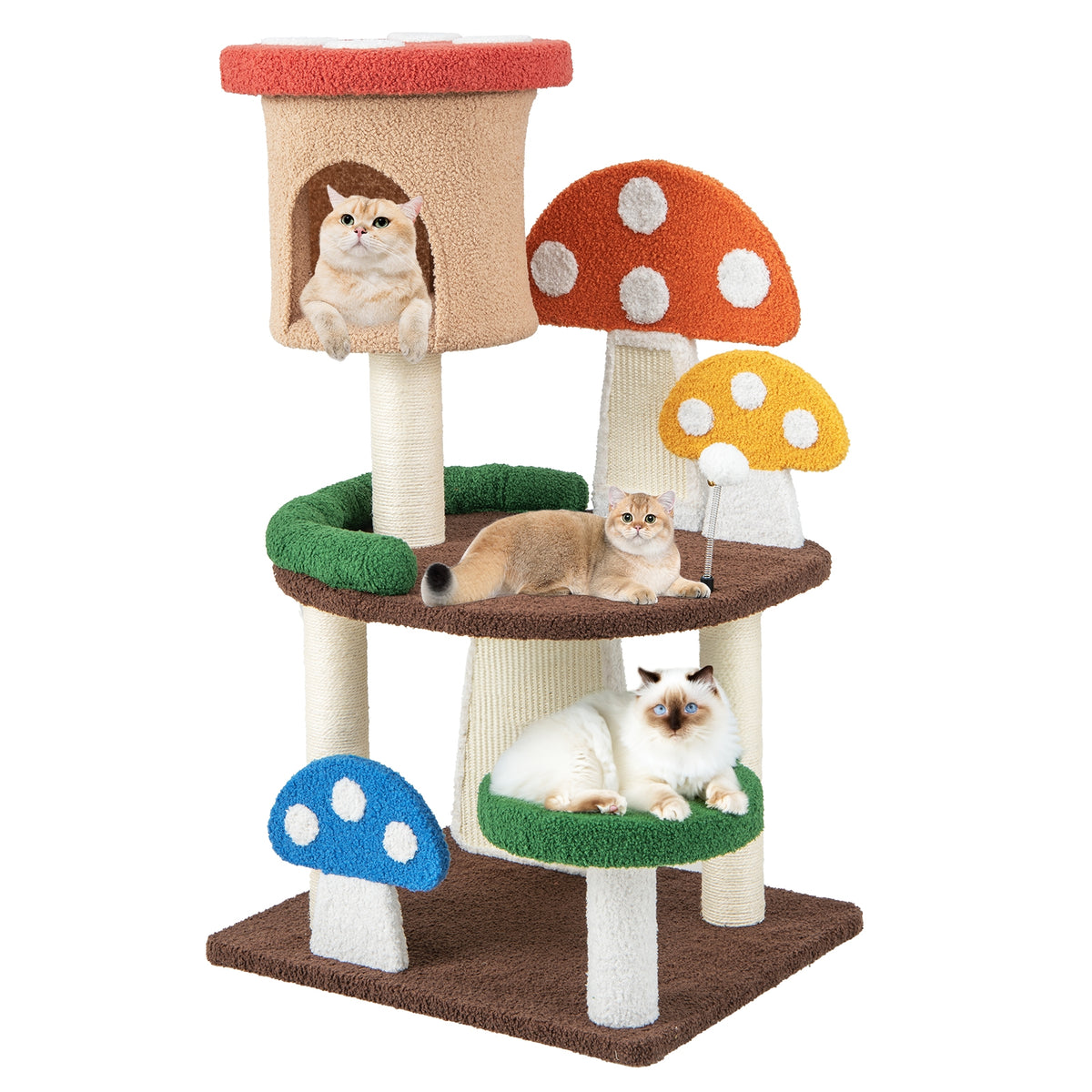 Patended 4-In-1 Mushroom Cat Tree with Condo Spring Ball and Sisal Posts-Multicolor-Cat Trees & Scratchers-DECOROLALA