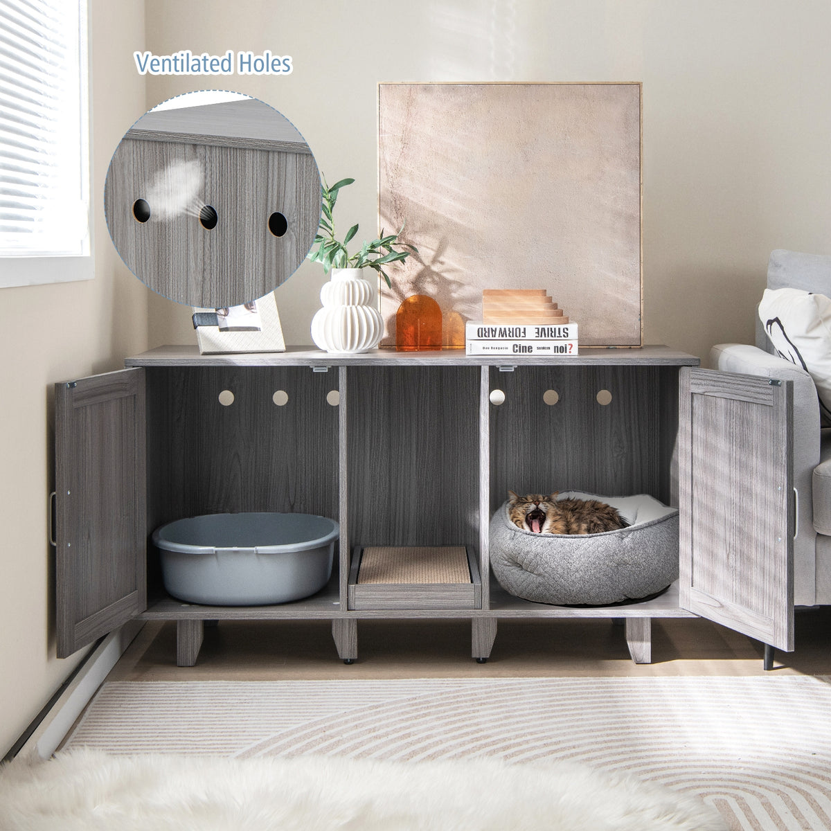 Patented 2-Door Cat Litter Box Enclosure with Winding Entry and Scratching Board-Oak-Cat Houses-DECOROLALA
