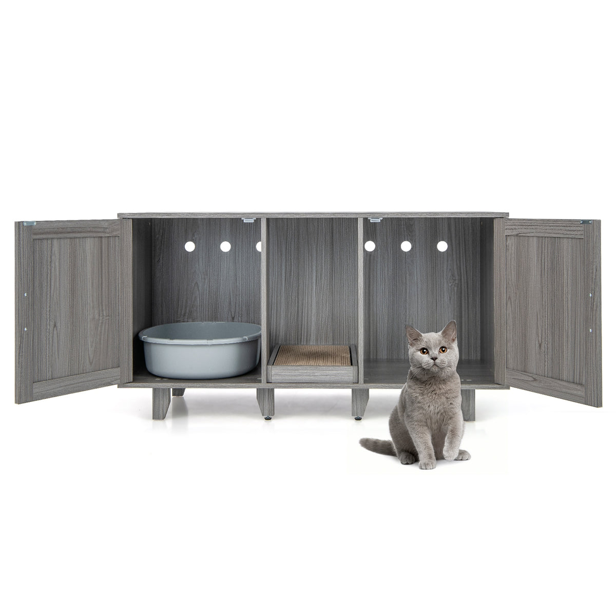 Patented 2-Door Cat Litter Box Enclosure with Winding Entry and Scratching Board-Oak-Cat Houses-DECOROLALA