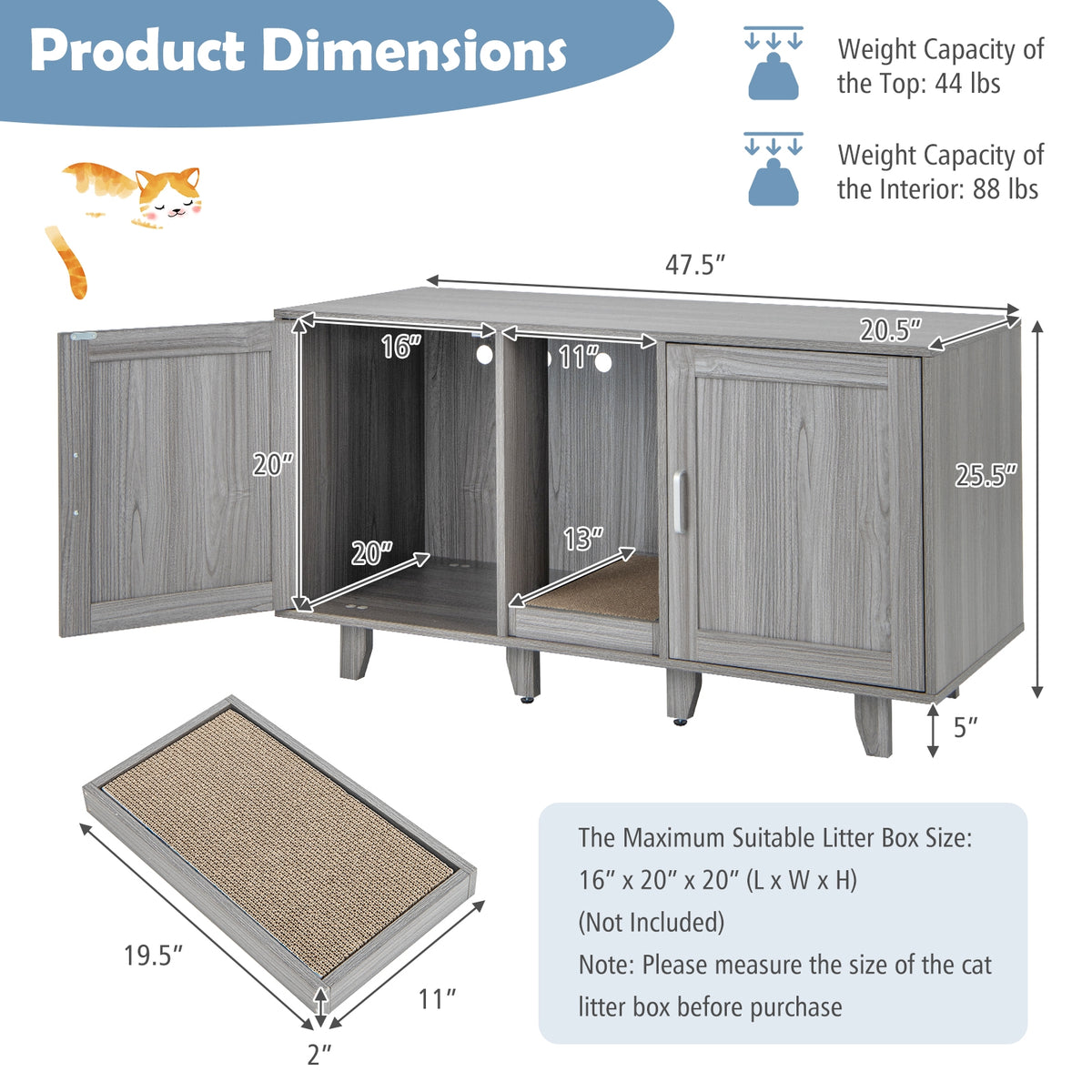 Patented 2-Door Cat Litter Box Enclosure with Winding Entry and Scratching Board-Oak-Cat Houses-DECOROLALA