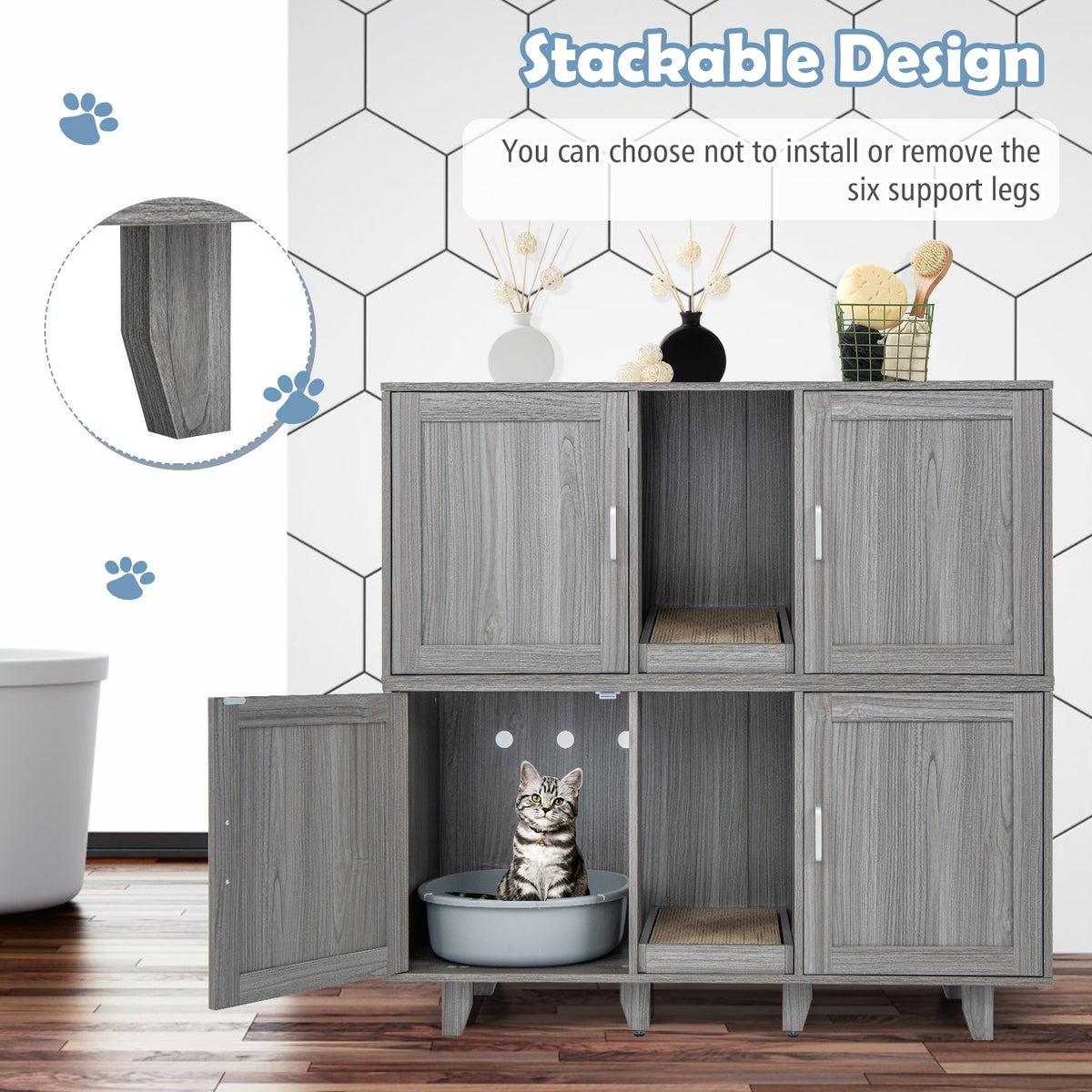 Patented 2-Door Cat Litter Box Enclosure with Winding Entry and Scratching Board-Oak-Cat Houses-DECOROLALA