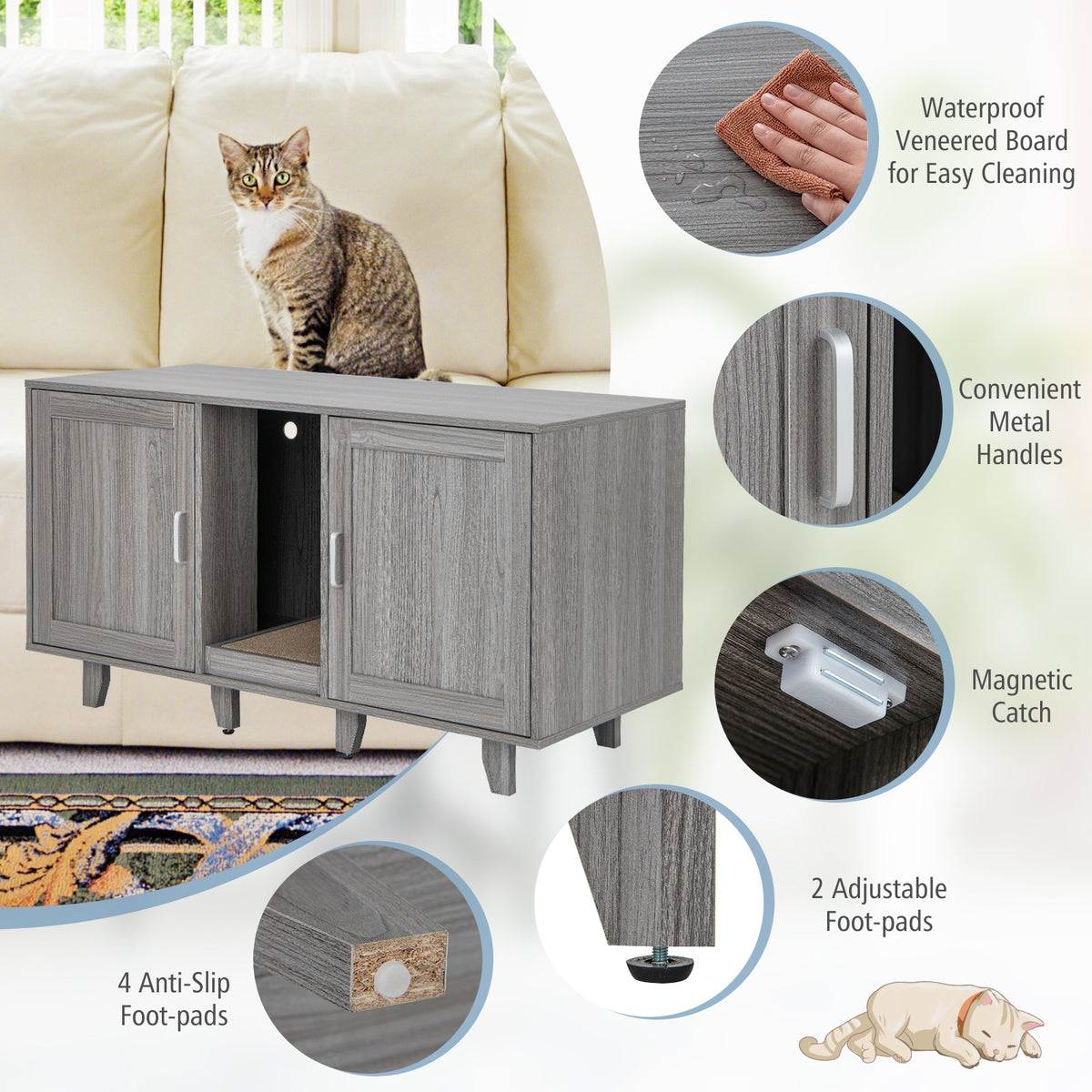 Patented 2-Door Cat Litter Box Enclosure with Winding Entry and Scratching Board-Oak-Cat Houses-DECOROLALA